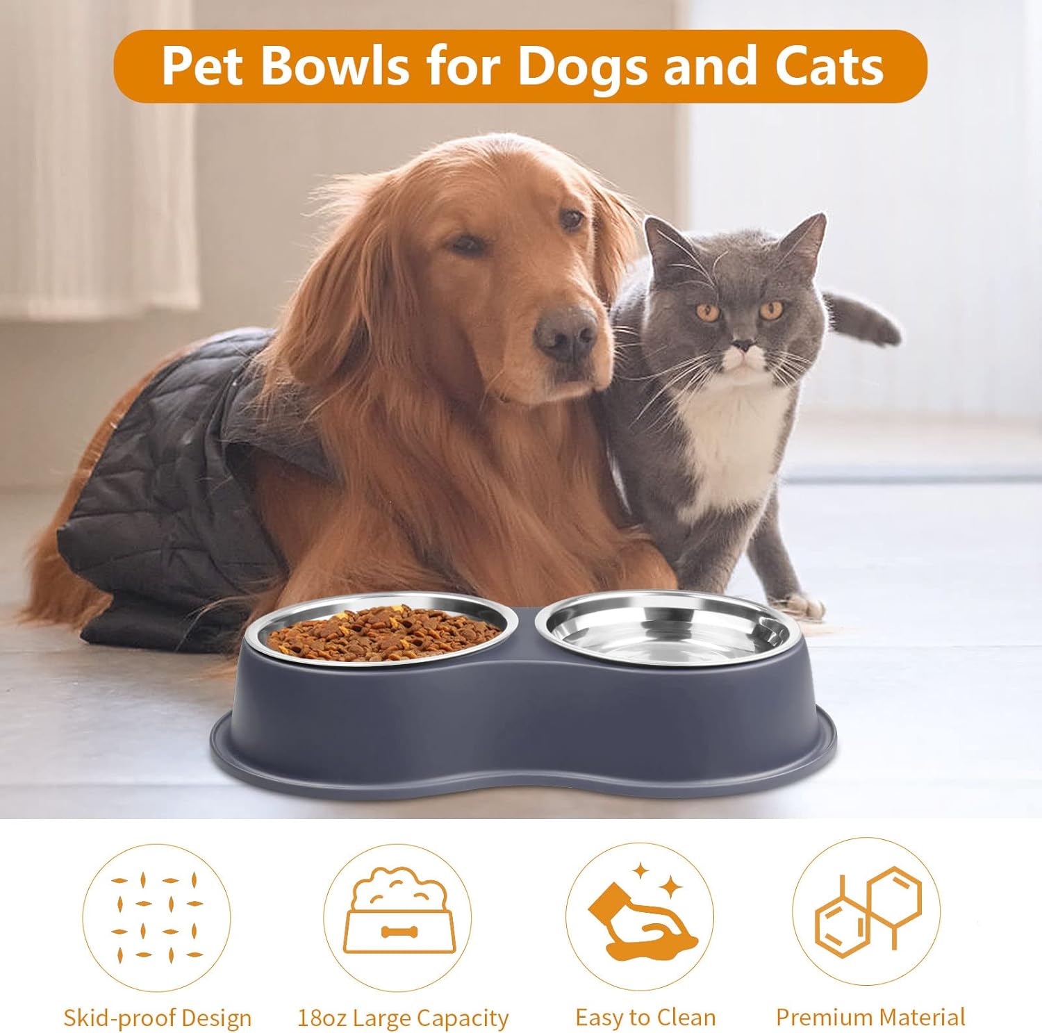Dog Bowl Double Dog Cat Bowl Premium Stainless Steel Water and Food Raised Bowls, Pet Feeder Bowls Set with Non-Slip Resin Station for Small Medium Dogs Cats : Pet Supplies
