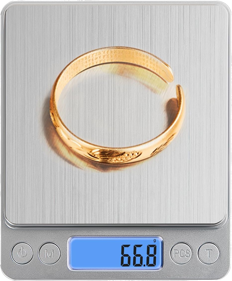 Small Digital Food Scale Ounce/OZ and Gram Scale, Kitchen Scale 3000g/0.1g High Precision for Baking, Soap Making, Jewelry, Includes 2 Trays and Batteries, 9 Units, Tare Function, Easy to Store