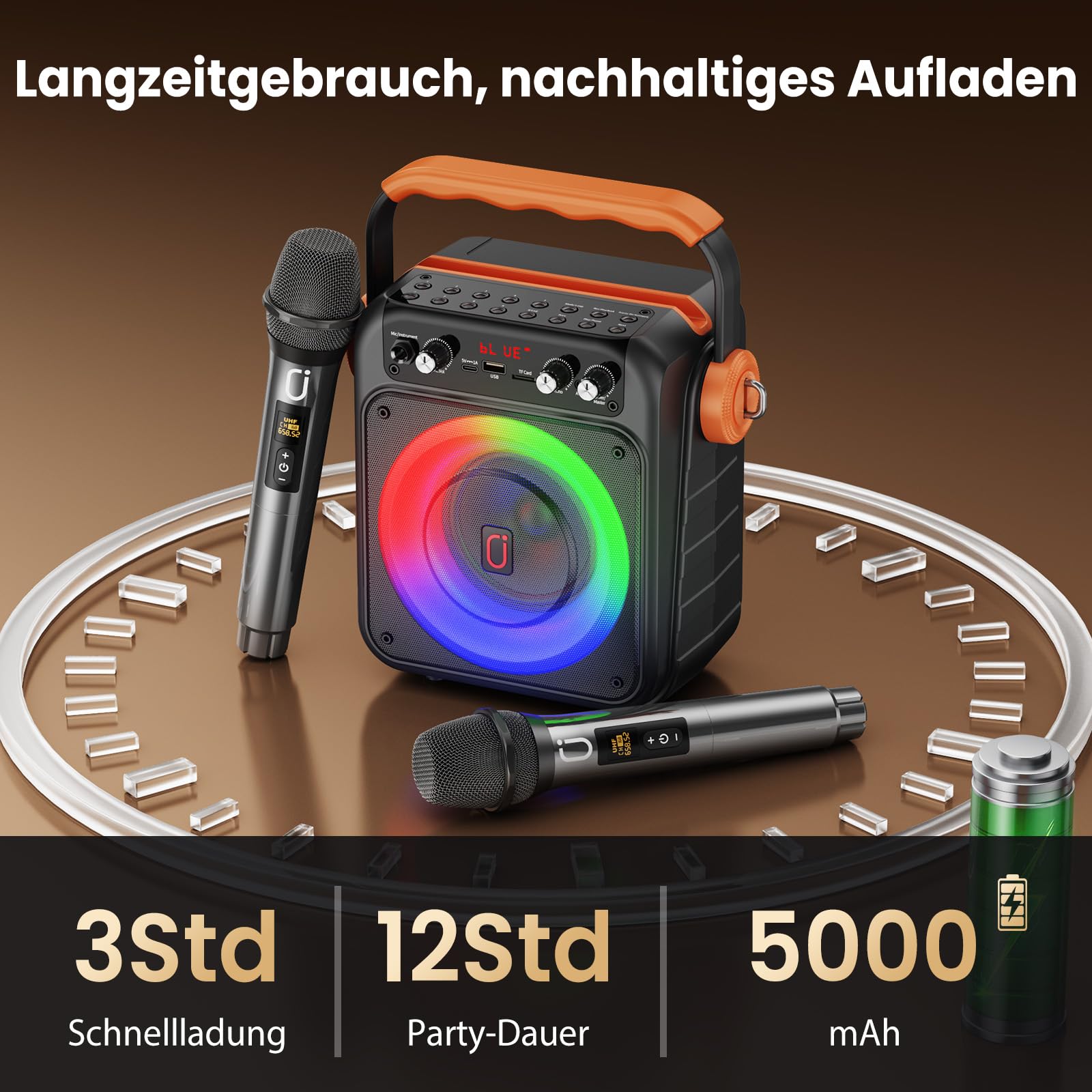 JYX Karaoke-Maschine mit 2 Mikrofonen, 80W Bluetooth 5.3 PA-Lautsprecher | 80W Leistung, TWS, USB, TF, AUX und Live, LED-Lichteffekte für Karaoke, Partys, Zuhause, Garten und Camping