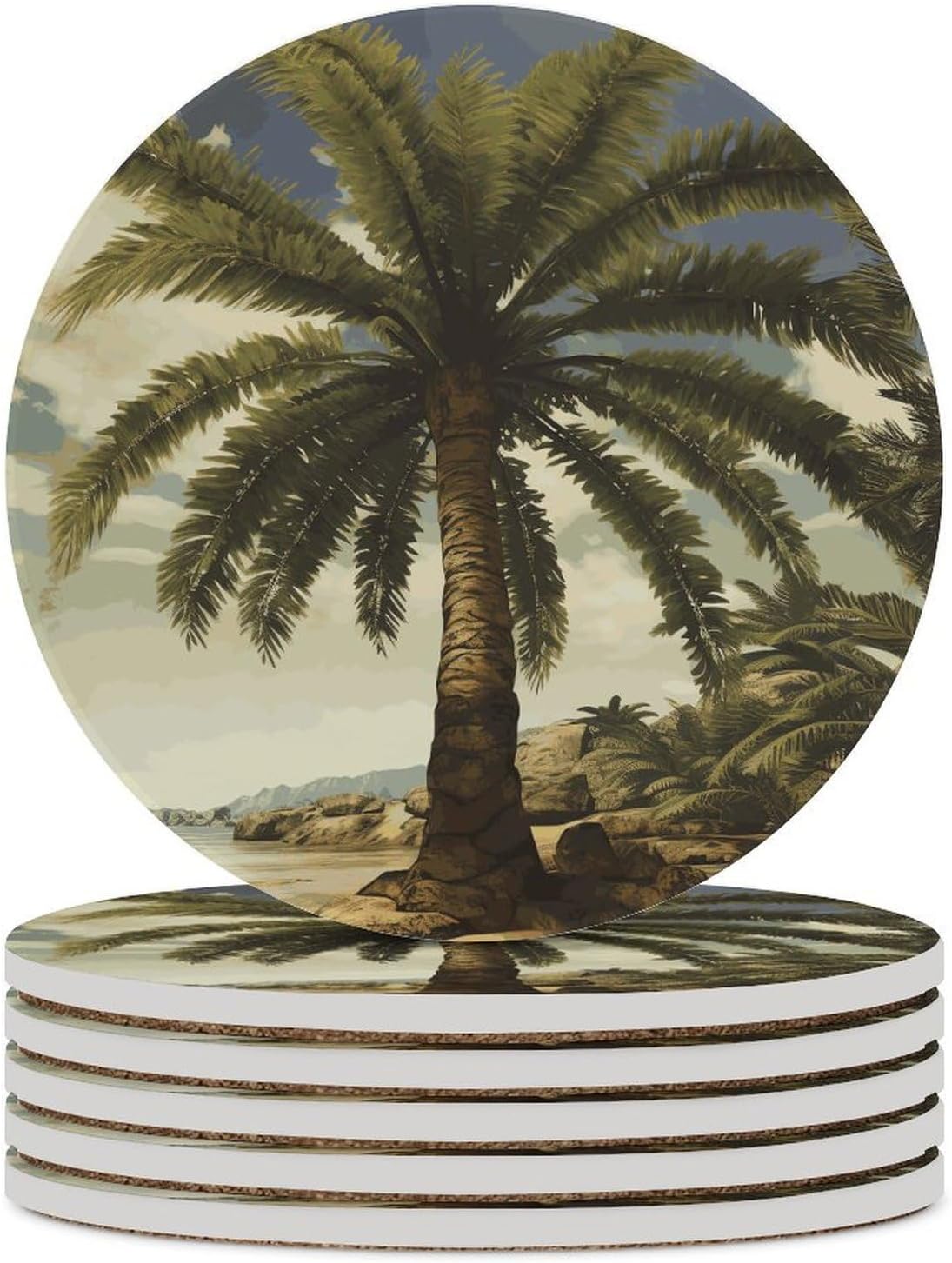 6PCS Palm Tree Tropical Coasters Non-Slip Round Drink Coasters with Ceramic Stone and Cork Base, Heat Resistant Absorbent 33.00Stone Coaster Set for Kinds of Mugs and Cups, 4 Inch