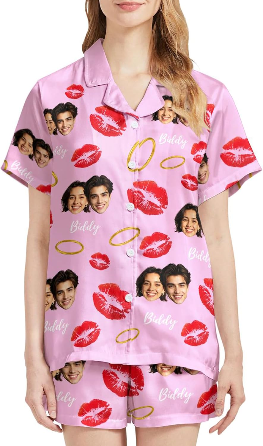 DIYKST Custom Face Pajamas for Women, Personalized Short Pjs with Button Down, Valentine's Day Gift Bride Soft Pj Sets