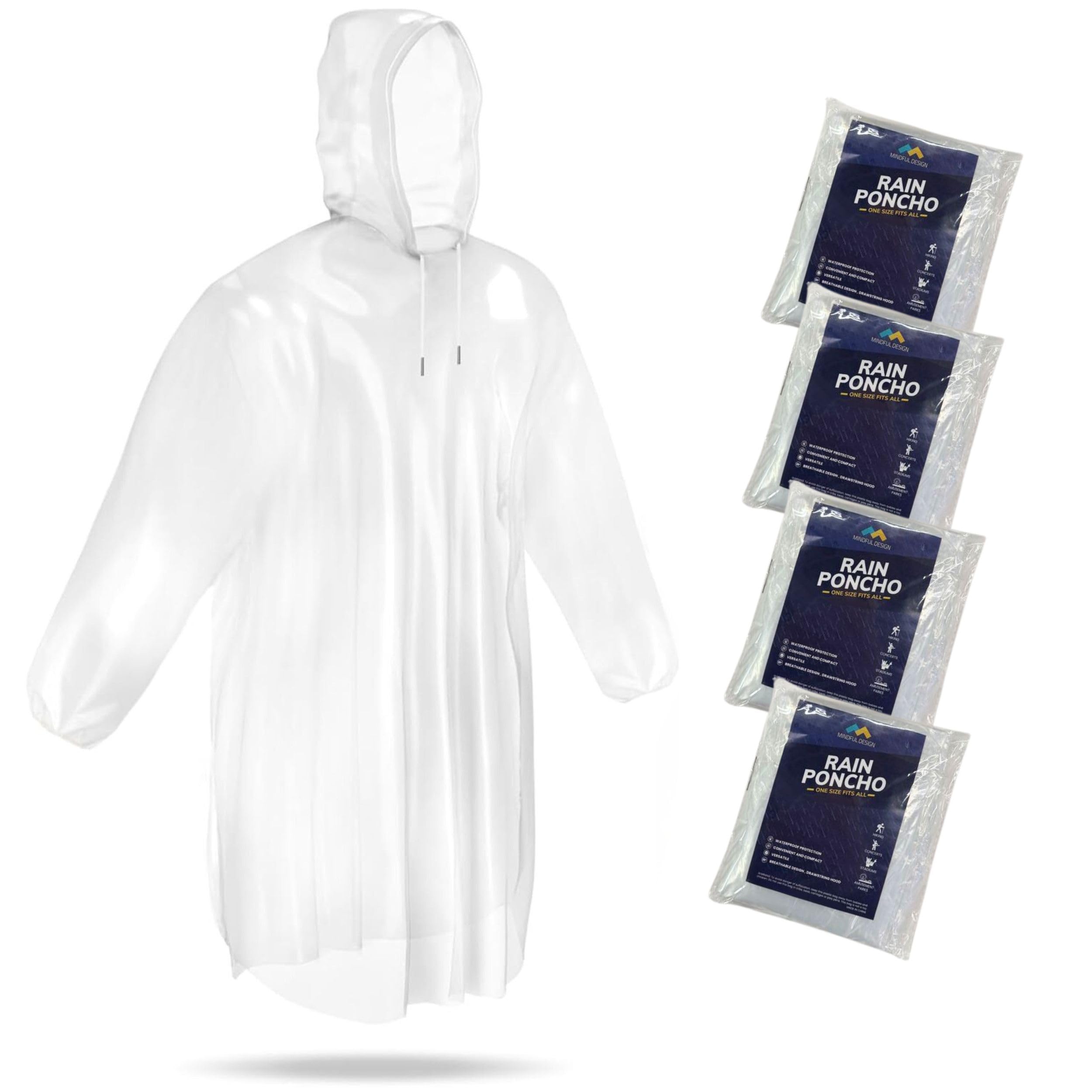 Mindful Design Rain Ponchos with Drawstring Hood (4 Pack) Disposable Emergency Clear Poncho for Adults