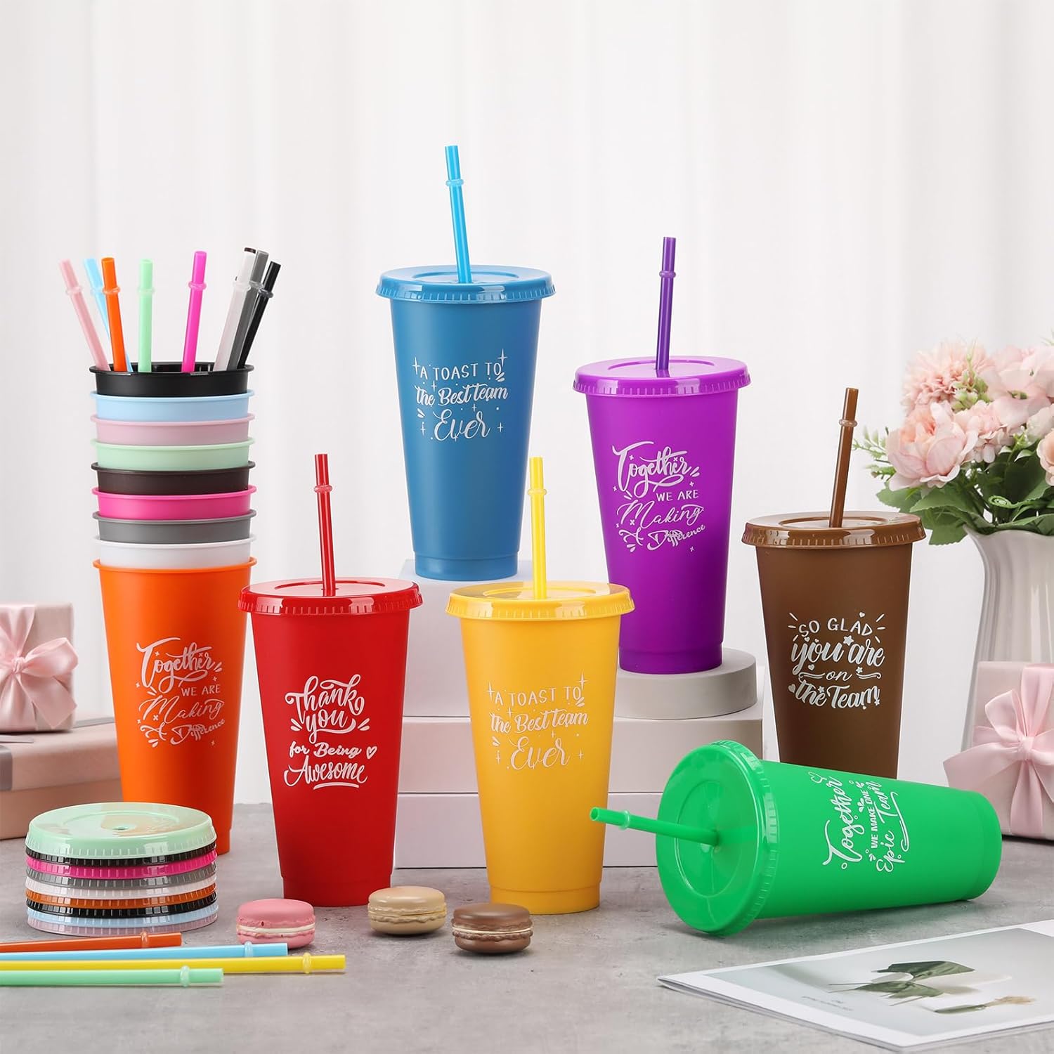 Mifoci Bulk Employee Appreciation Gifts 24oz Plastic Cups Tumblers with Straw Lid Staff Team Teacher Appreciation Gifts Reusable Inspirational Cups for Coworker Employees Volunteer(Multicolor,15 Pcs) - Image 2