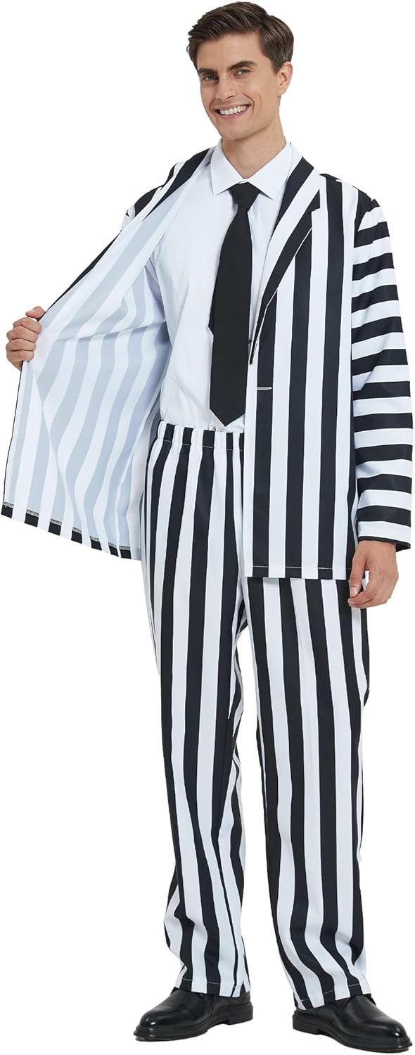 Halloween Costume for Men Black and White Striped Suit Adult Spooky Costumes Blazer Jackets 80s Scary Cosplay Outfit - Image 3
