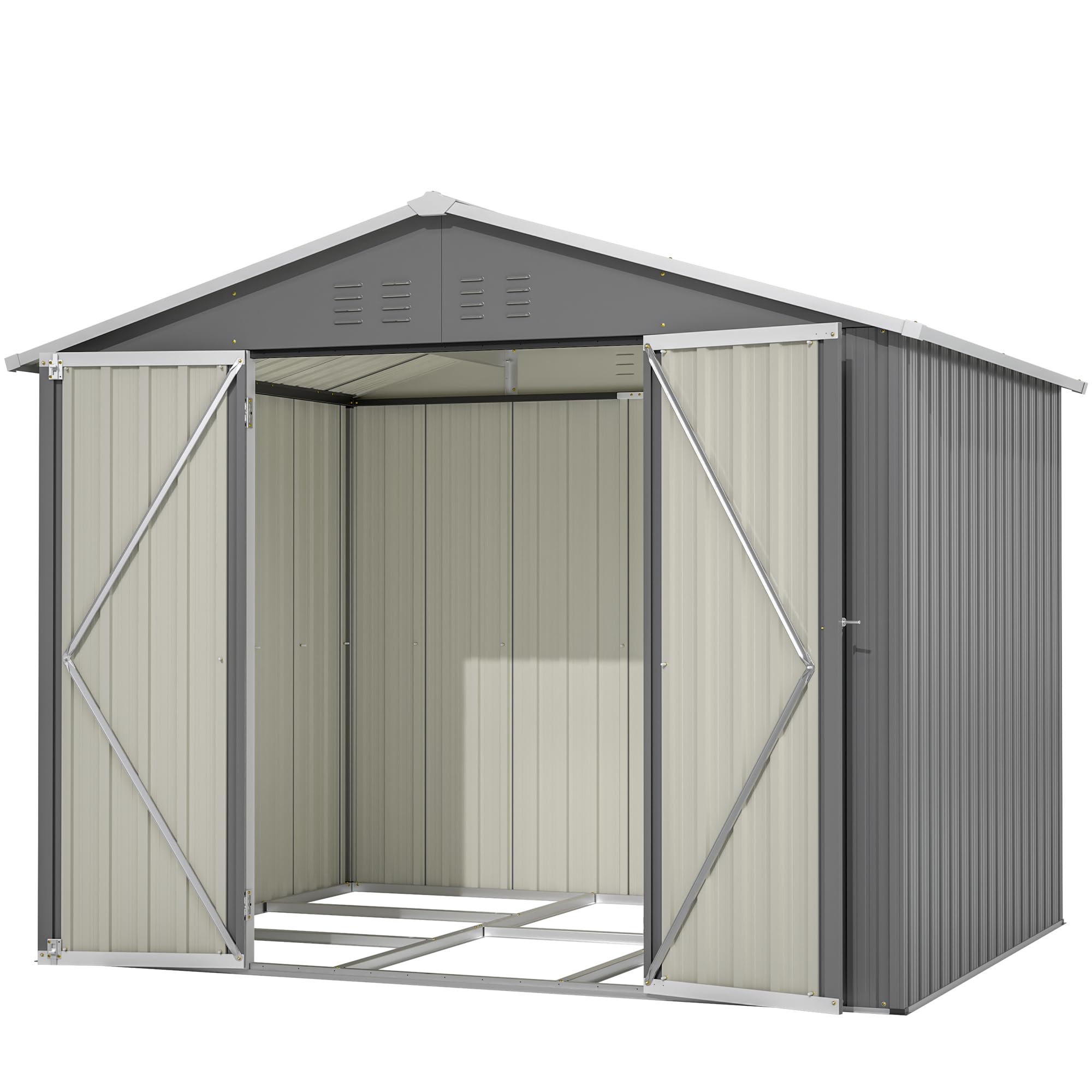 Thanaddo 8×6ft Gerätehaus Metall Groß Geräteschuppen 240x192x191 cm mit Fundamentrahmen, Wetterfest Gartenhaus mit Satteldach & Abschließbarer Tür, Gartenschuppen für Outdoor Garten Hinterhof, Grau