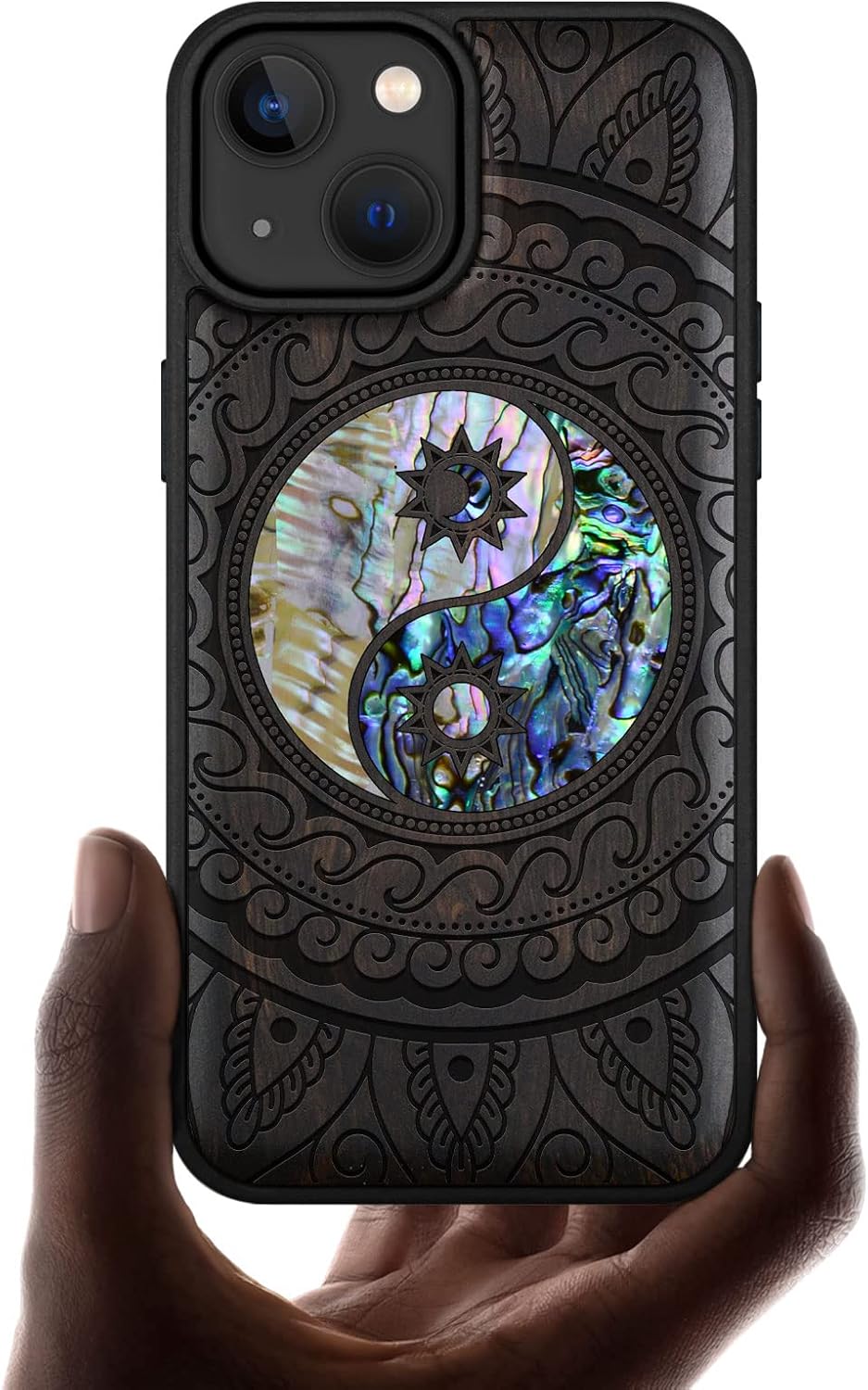 Carveit Designer Wooden Protective Magnetic Case for iPhone 14 Case [Wood Engraving & Shell Inlay] Compatible with iPhone 14 MagSafe (Yin Yang Paisley-Cherry)