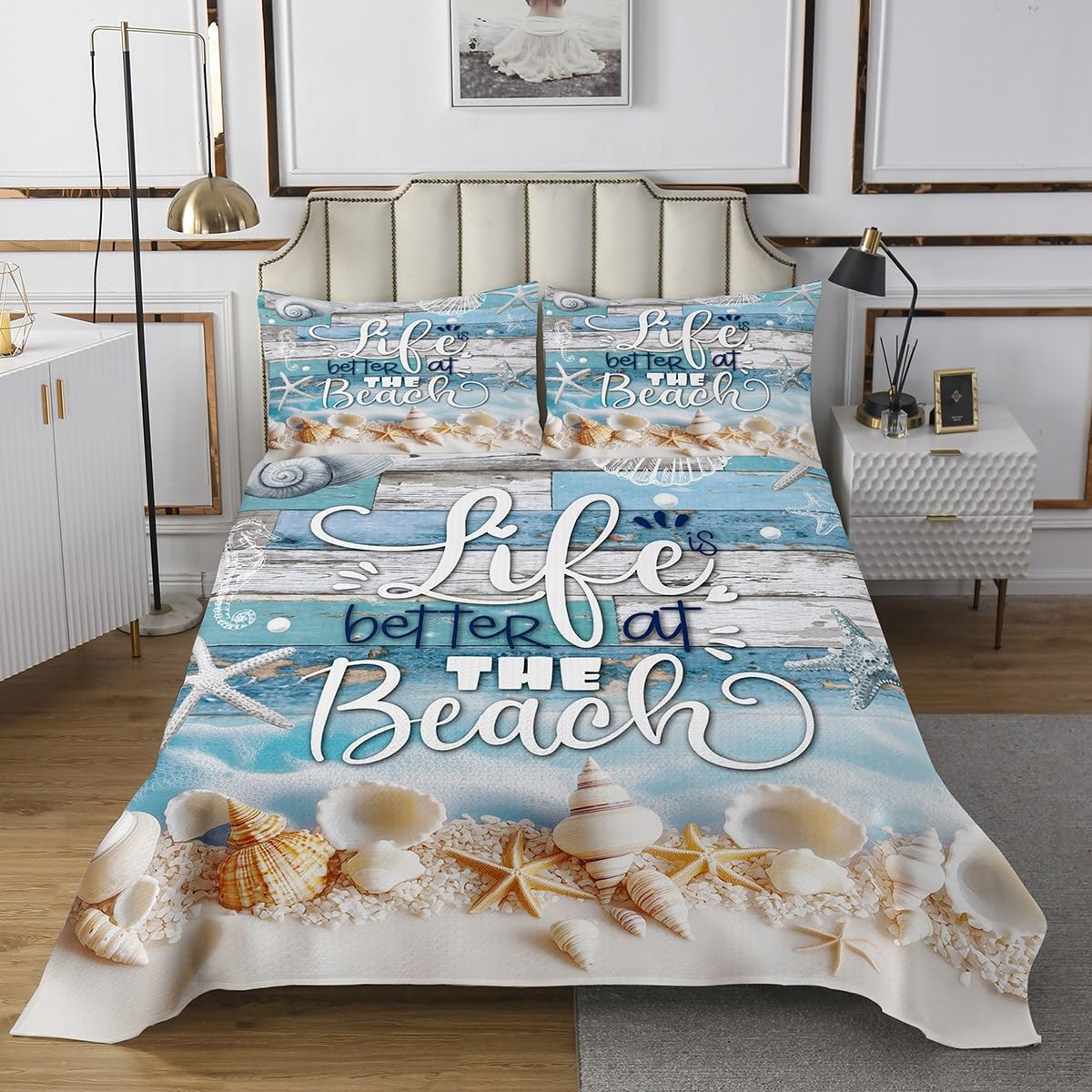 Erosebridal Ocean Bedspread Queen Size for Kids Boys Girls Life Better at The Beach Quilted Coverlet Hawaiian Shell Starfish Coverlet Set Blue Rustic Farmhouse Wooden Blue Quilted
