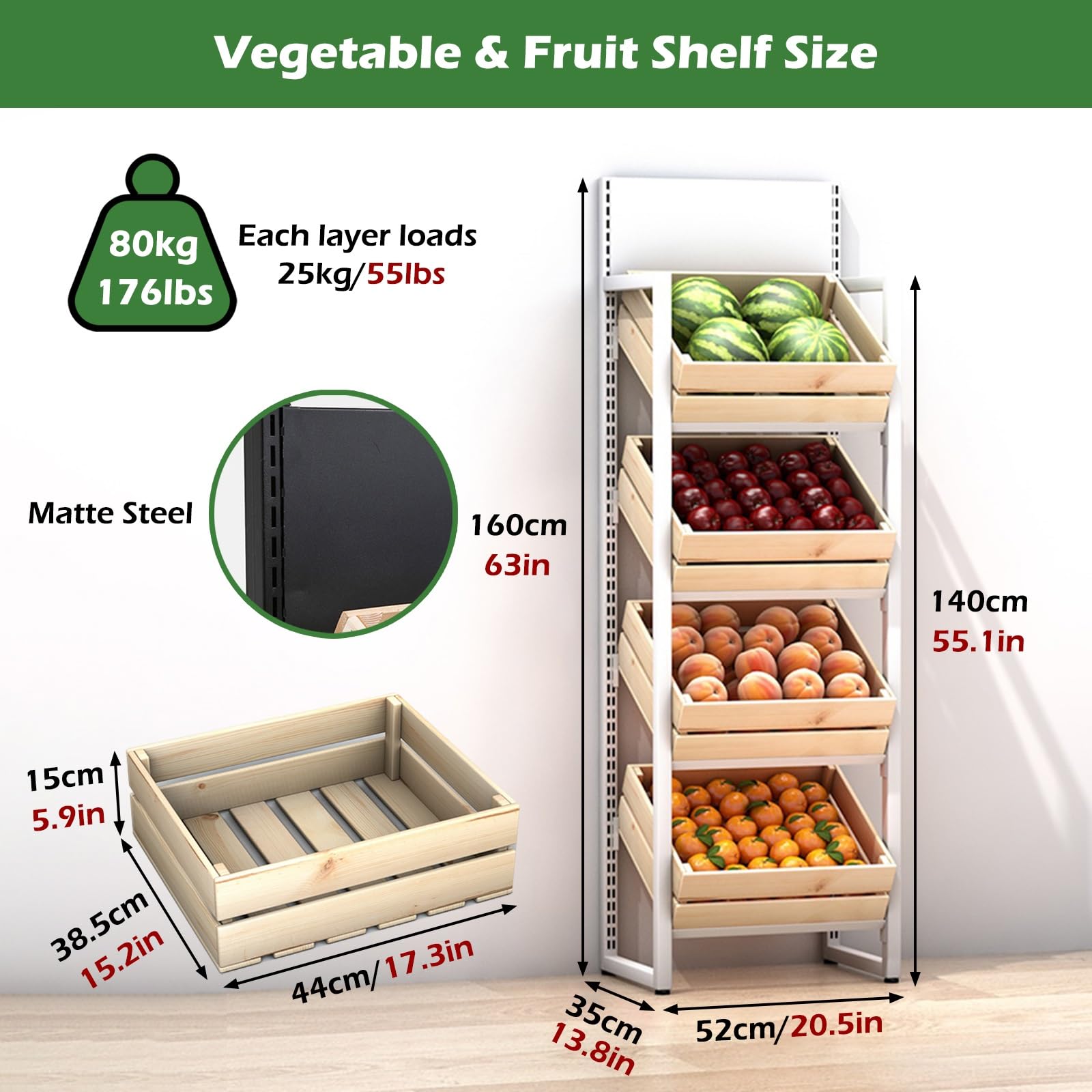 Espositore commerciale a 4 livelli per frutta e vetable con cestini in legno Lar Capaci Retail Sto per cucina e porta prodotti di patate - Bianco h