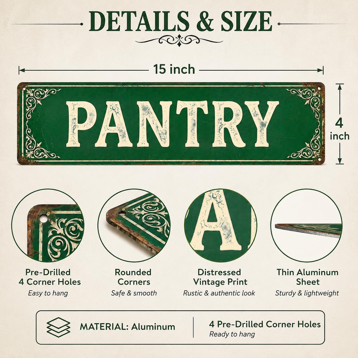 Pantry Aluminum Metal Sign, Vintage Farmhouse Wall Decor for Pantry Door, Food Storage Room, Kitchen Organization, Rustic Home Decor,15X4inch image 4