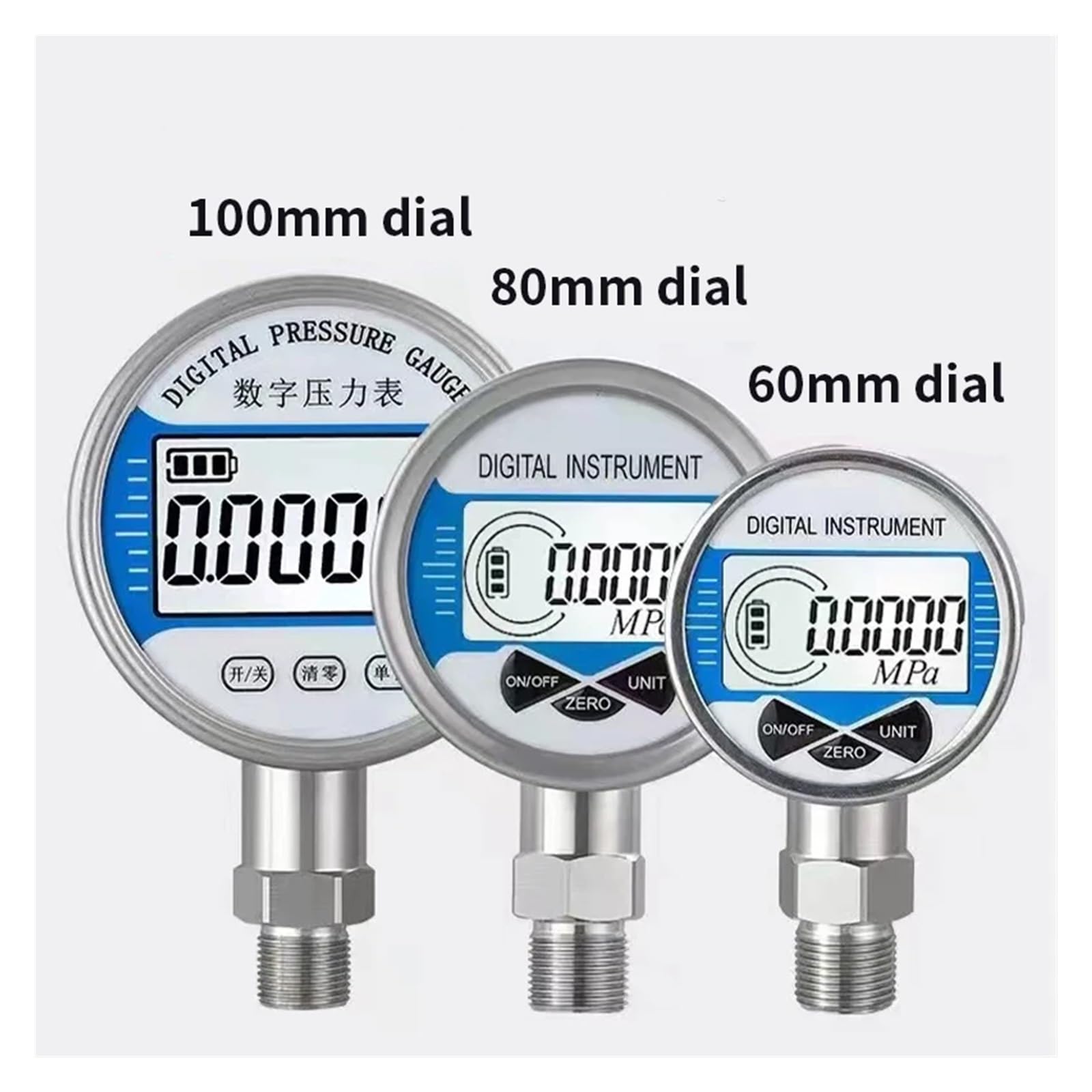 CIRONI Edelstahl-Wasser-Digitalmanometer, 60 MPa NPT1/4 NPT1/2 LCD-Digital-Manometer Manometer Druckmessgerät (Color : 80mm dial Diameter, Size : 0-100Mpa)