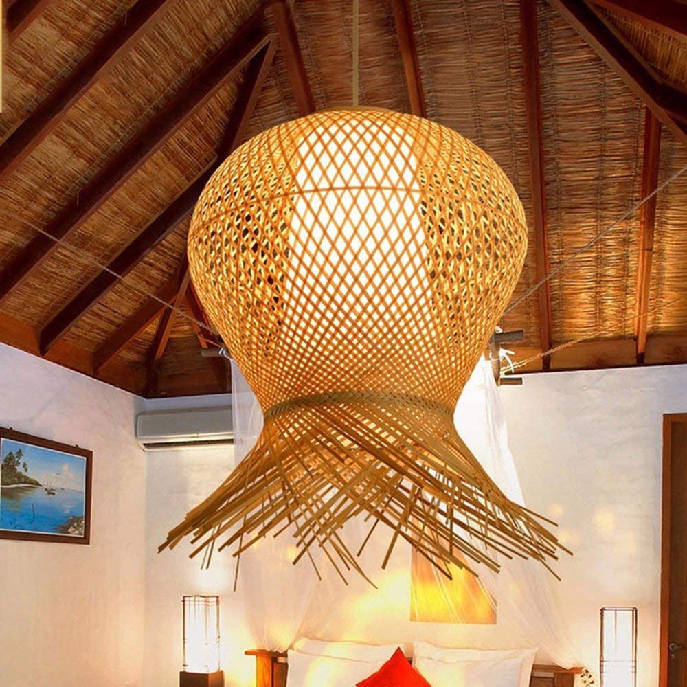 Lámparas De Araña Bambú De La Lámpara Nostalgia Retro Lámpara Colgante Tejida A Mano Araña De Luces E27 Lámpara De Techo Ajustable China Estilo Salón Cocina Restaurante Café Bar Araña,60cm