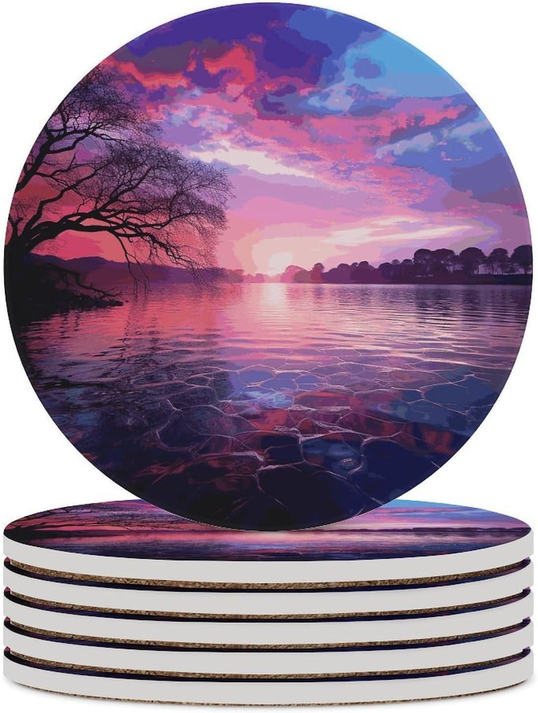 Purple Sunset on Water Coasters for Drinks Absorbing Round Ceramic Stone Coaster with Cork Base Coffee Cup Beverage Table Cup Mat Modern Style Bar Coaster Set for Home Decor