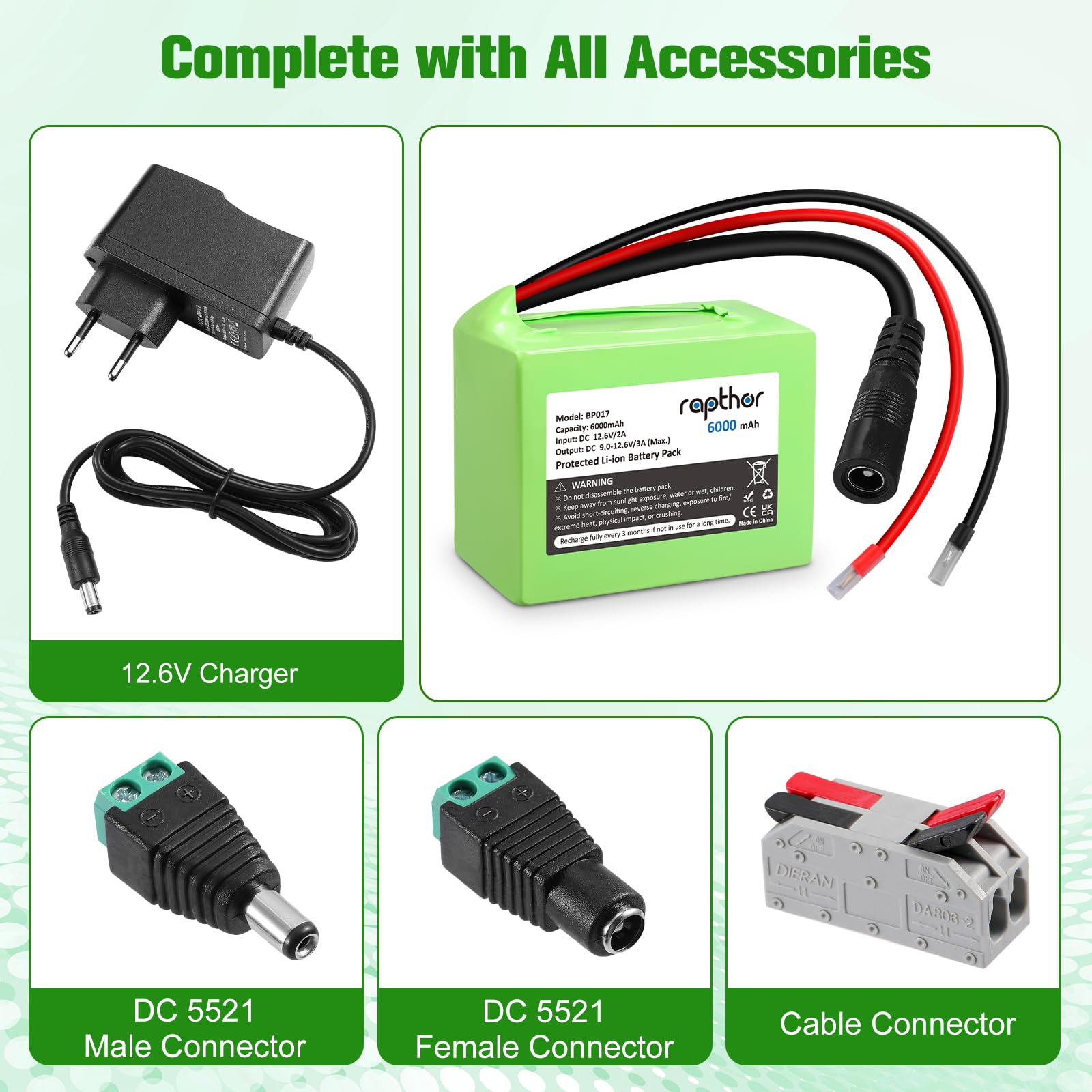 Rapthor Batteria di ricarica da 6000 mAh, 12 V DC, per batteria agli ioni di litio, con caricatore da 6 Ah e spina DC5521 per router, telecamere CCTV, strisce LED, veicoli RC, strumenti fai da te e