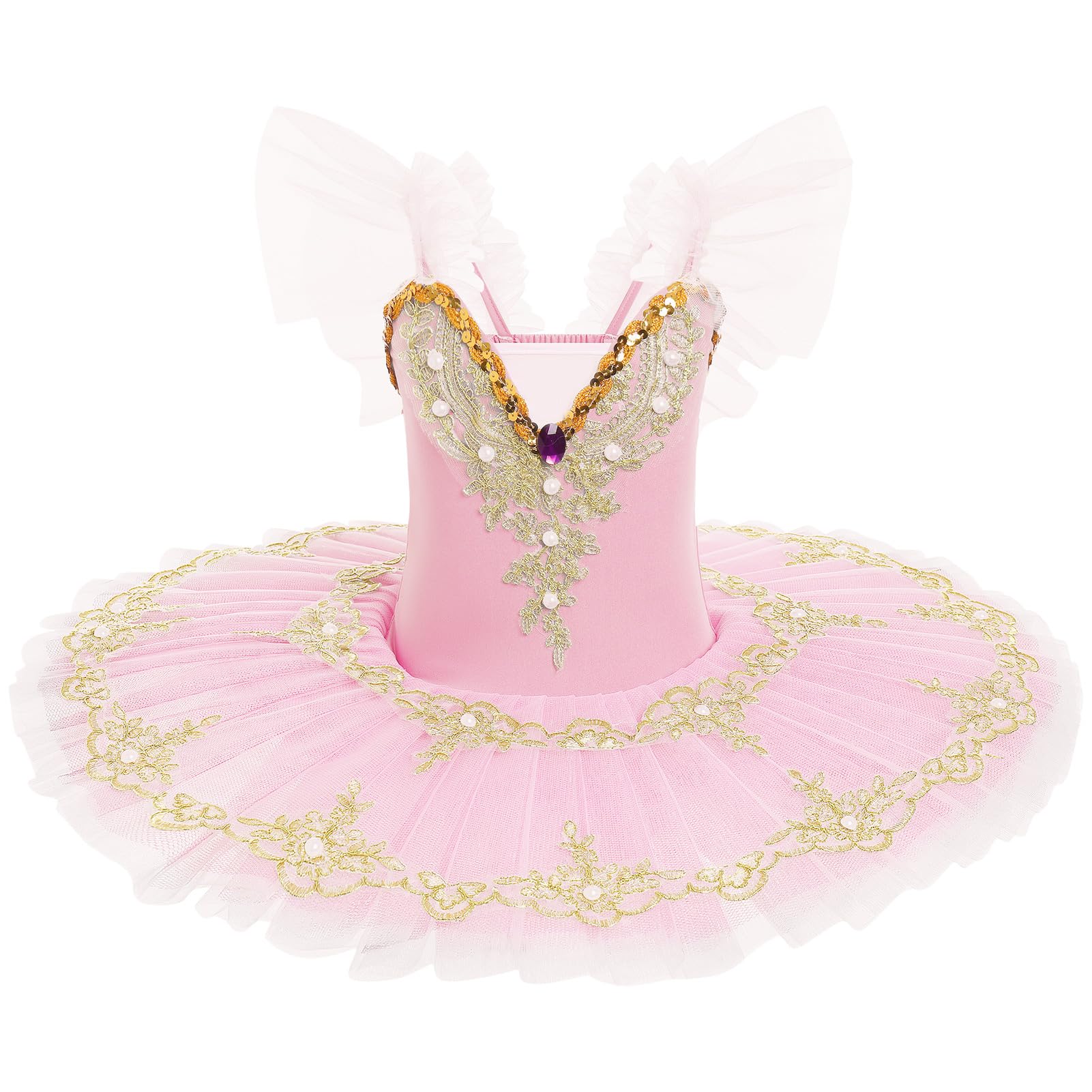 IDOPIP Vestito da danza da bambina, con tutù da balletto, pancake, costume da ballo con maniche a volant, pizzo ricamato con paillettes e clip per capelli