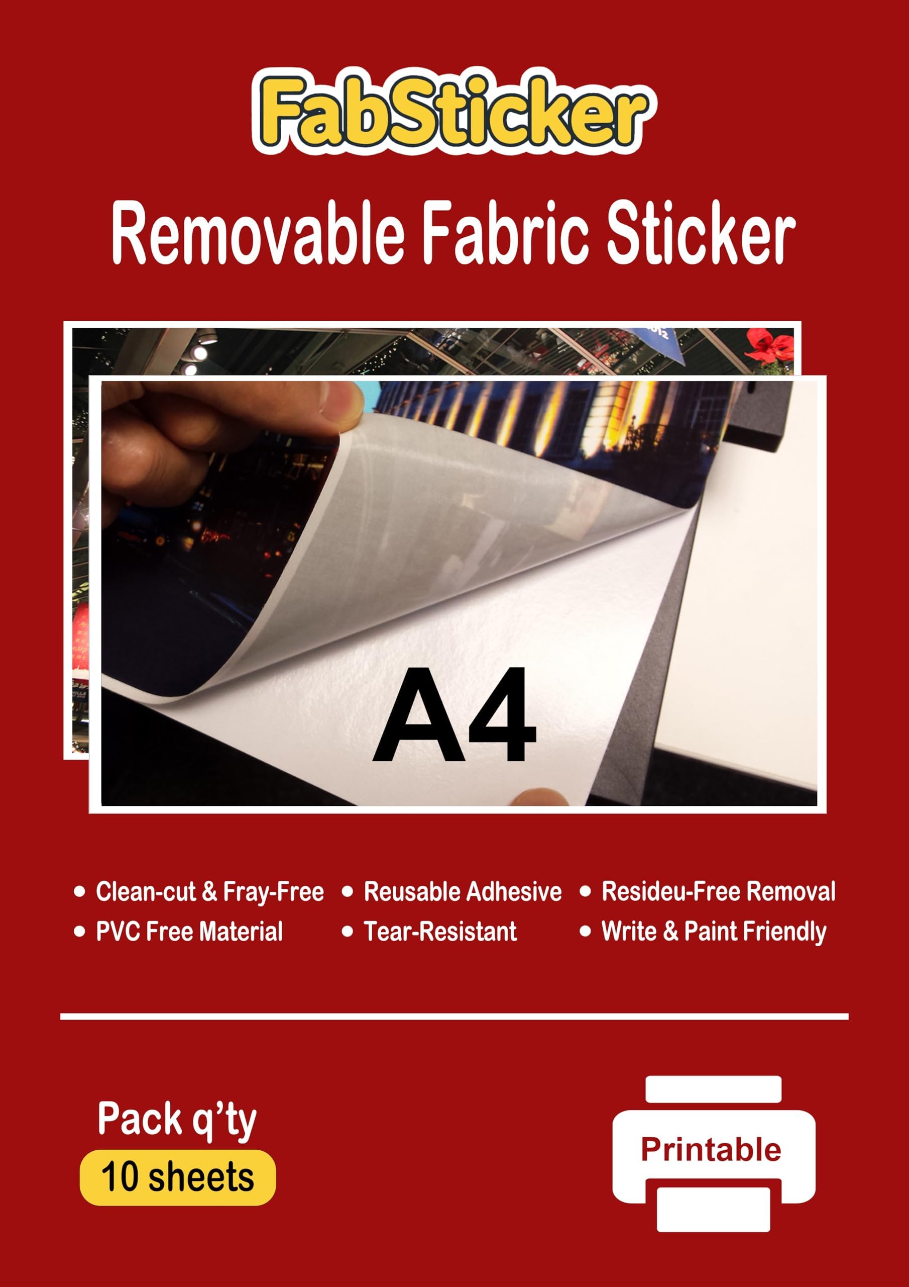 FabSticker - Self Adhesive Fabric Sticker Sheets, Removable & Repositionable Adhesive, Versatile for School, Office & Home Use, Inkjet and Laser Printable (A4x10 Sheets)