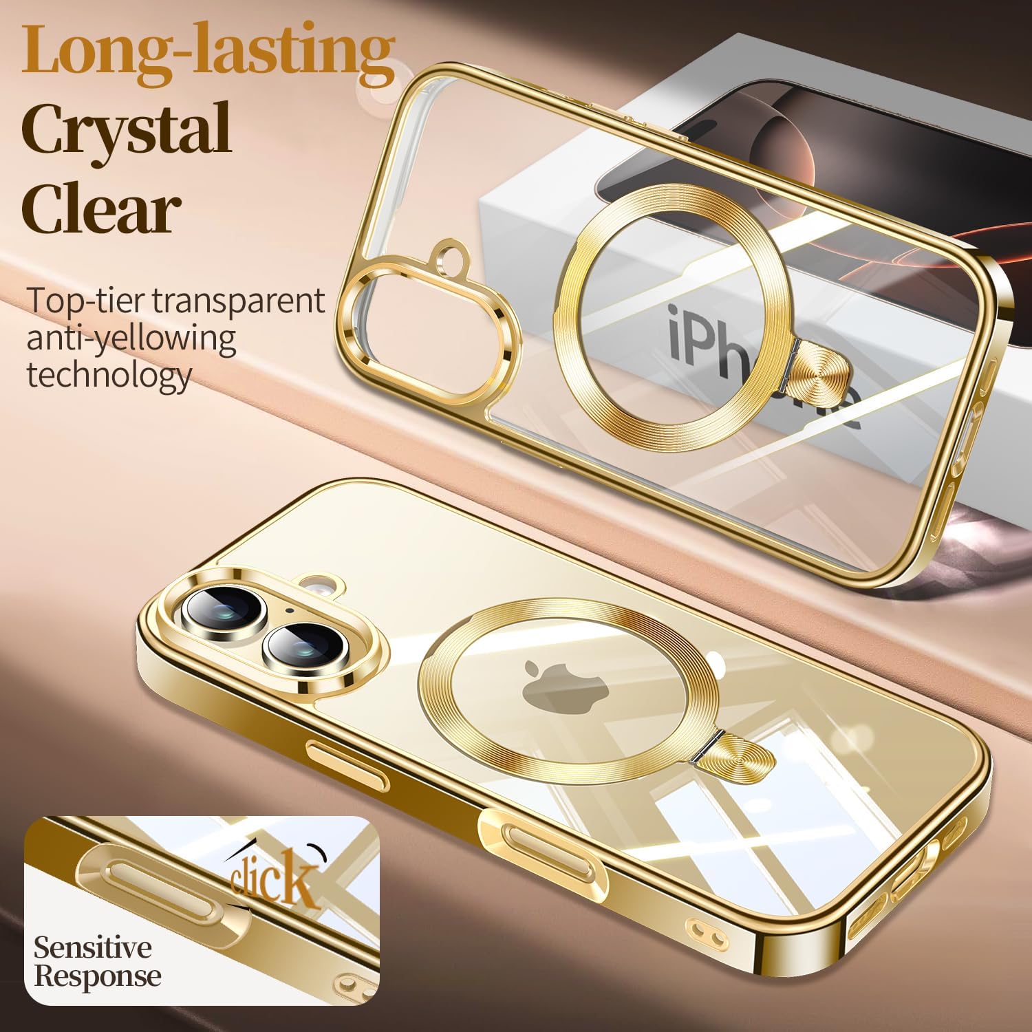 ESTPEAK Titanium Gold CD Mag-Stand Case for iPhone 16 Case with Invisible Magnetic Ring, [Fit for MagSafe] [Never Yellowing] Top Clear Phone Case Cover for iPhone 16 6.1" Men Women, Gold - Image 5