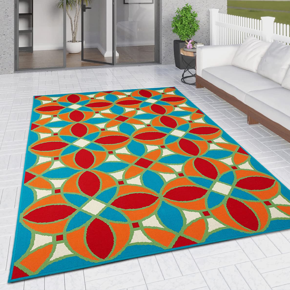Viva Rugs Outdoor Rug Moroccan Trellis Oriental Orange Aqua Blue Red Bright Multicolour Large XL Small Woven Mat for Garden Patios Decking Balcony (120x170cm (4'x5'6"))