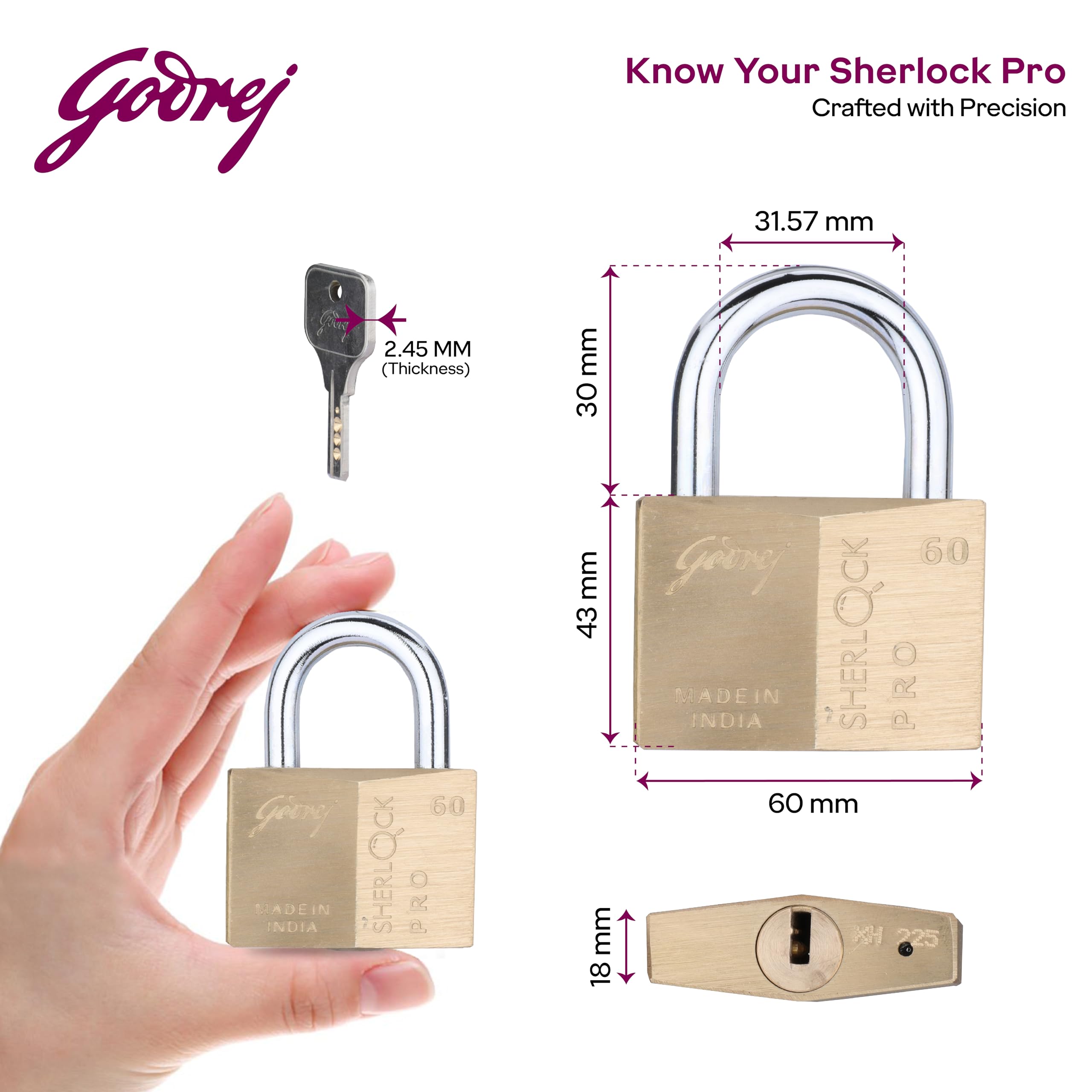 Godrej Sherlock Pro Padlock - 60mm with 4 Keys -4
