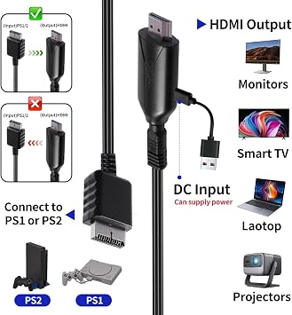 PS2 to HDMI Converter Adapter Cable with Output 720P/1080P HD Video Audio | PS2 to HDMI Adapter Cable,PS2 to HDMI Converter Cables Compatible with Game Consoles HDTV Projector Monitor
