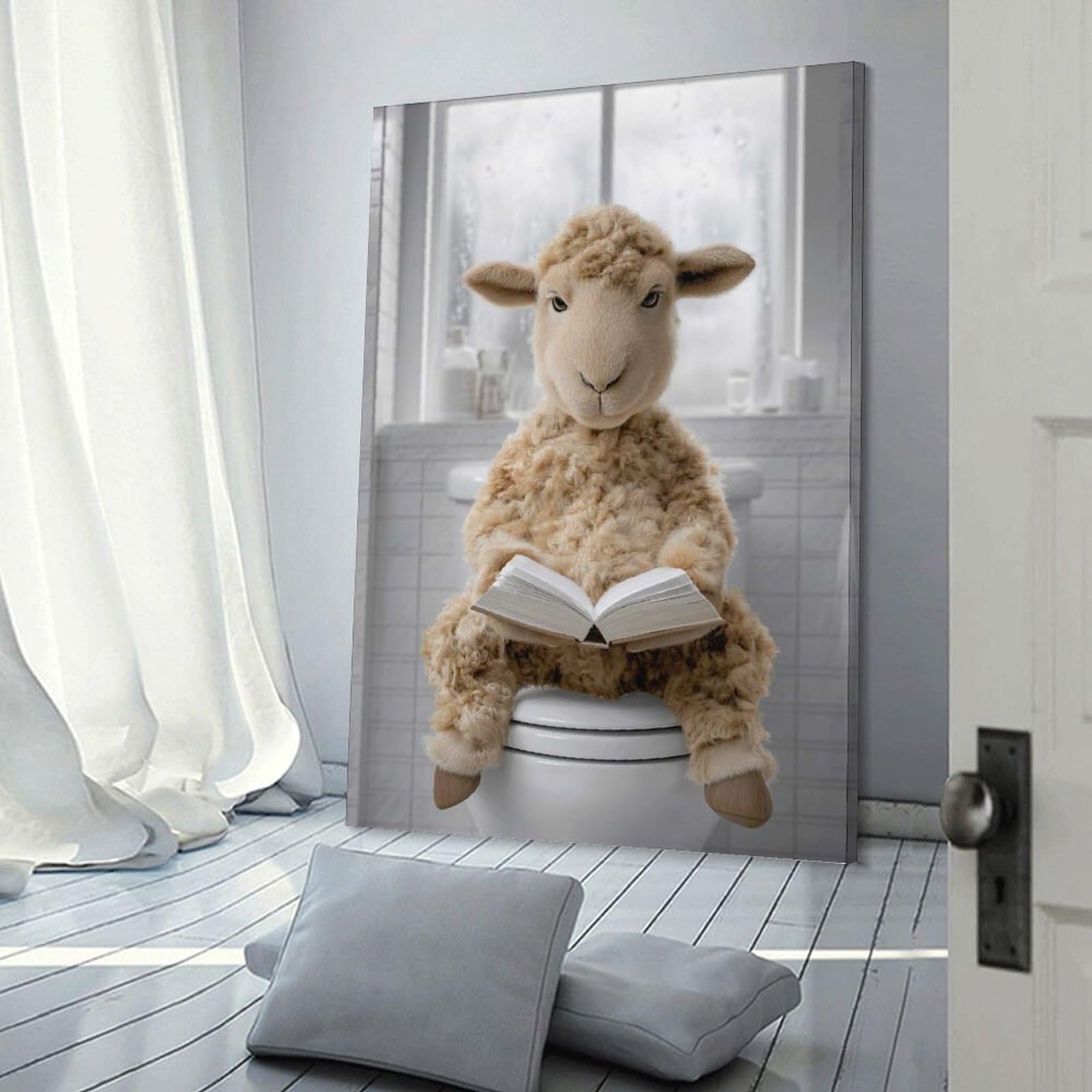 Junmoney Decorative Wall Artwork Sheep Reading A Book on A Toilet, 20x30inch(50x75cm), for Lounge, Bedroom Or Personal Spaces, Gift Idea for Housewarming And Birthdays