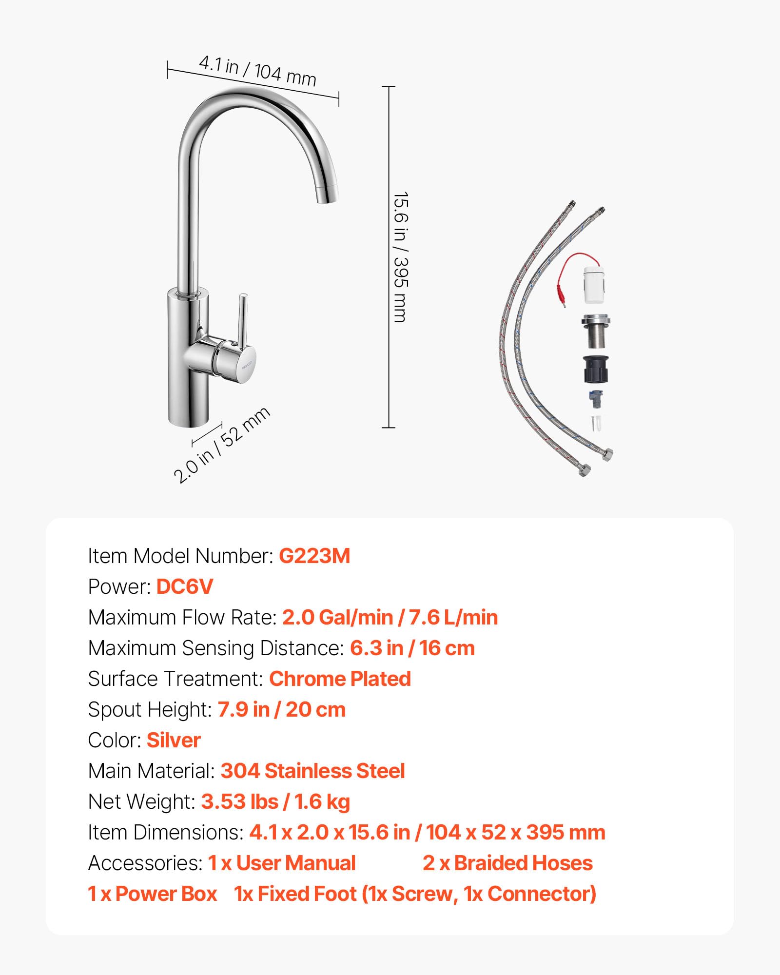 VEVOR Grifo de Lavabo sin Contacto para Baño, Grifo Automático Manual con Sensor para Lavabo e Inodoro, Cuello de Cisne, Cromado Plateado, Resistente a la Corrosión, 104 x 52 x 395 mm, 7,6 L/min
