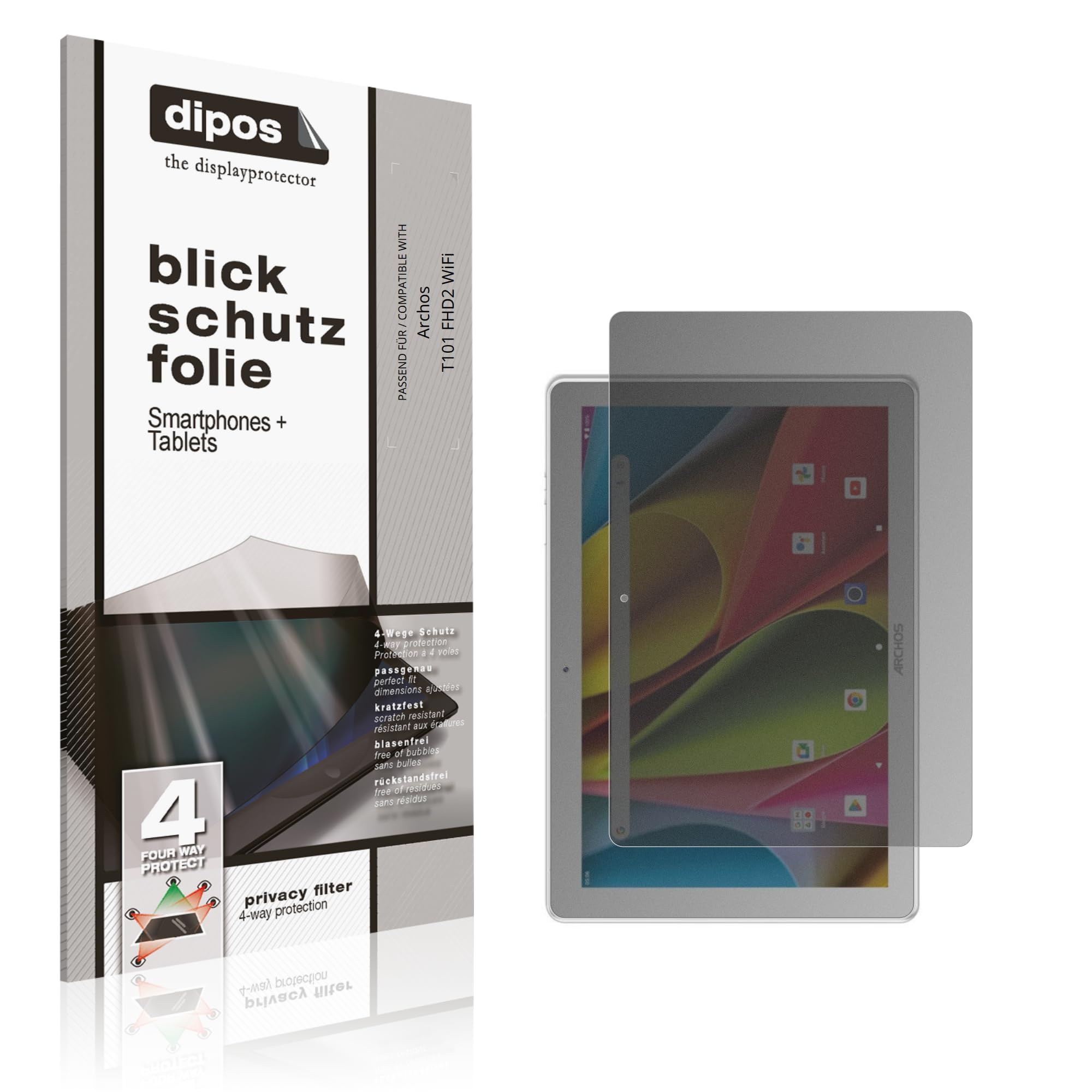 dipos Protector de Pantalla Antiespía para Archos T101 FHD2 WiFi | Película protectora mate, filtro de privacidad 4 vías, ajuste perfecto, antiarañazos, sin burbujas, autoadhesivo