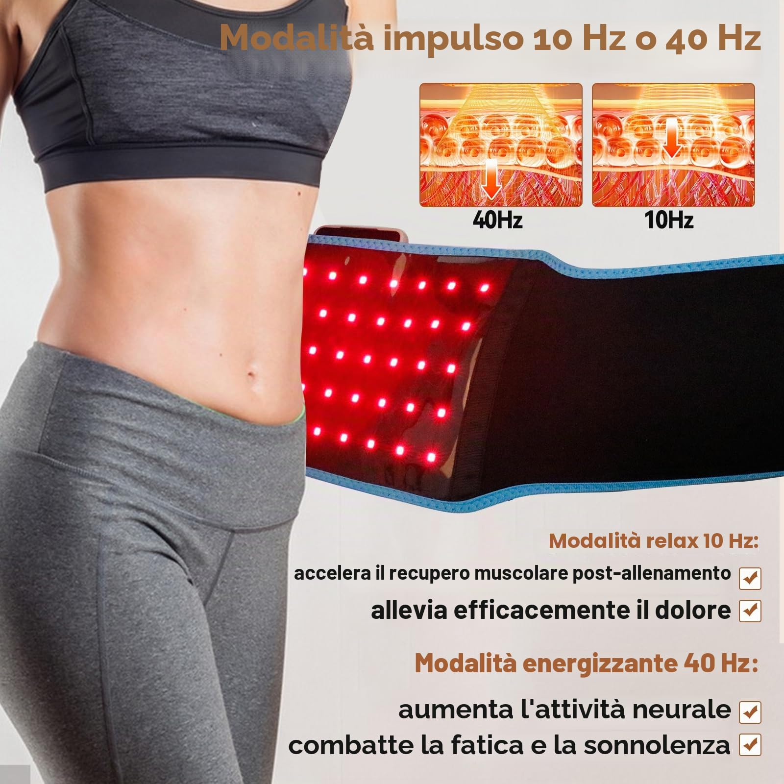 Cintura terapeutica con luce rossa 660 nm luce rossa e cintura avvolgente con luce a infrarossi a 850 nm con impostazioni del timer e occhiali per vita, cosce, braccia, ecc. - Anello muscolare