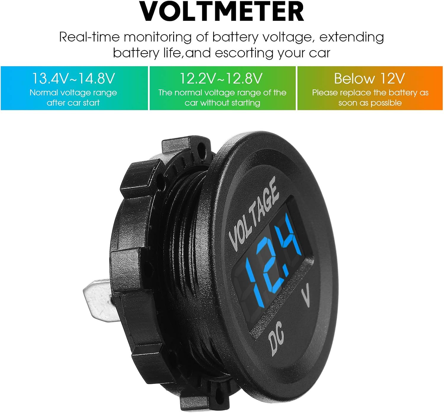 Frienda 4 Pieces DC 12V Car Voltage Gauge LED Display Waterproof Voltmeter Digital Round Panel Voltmeter Compatible with Vehicle Motorcycle Truck Camper Caravan ATV UTV Car Boat (Blue)