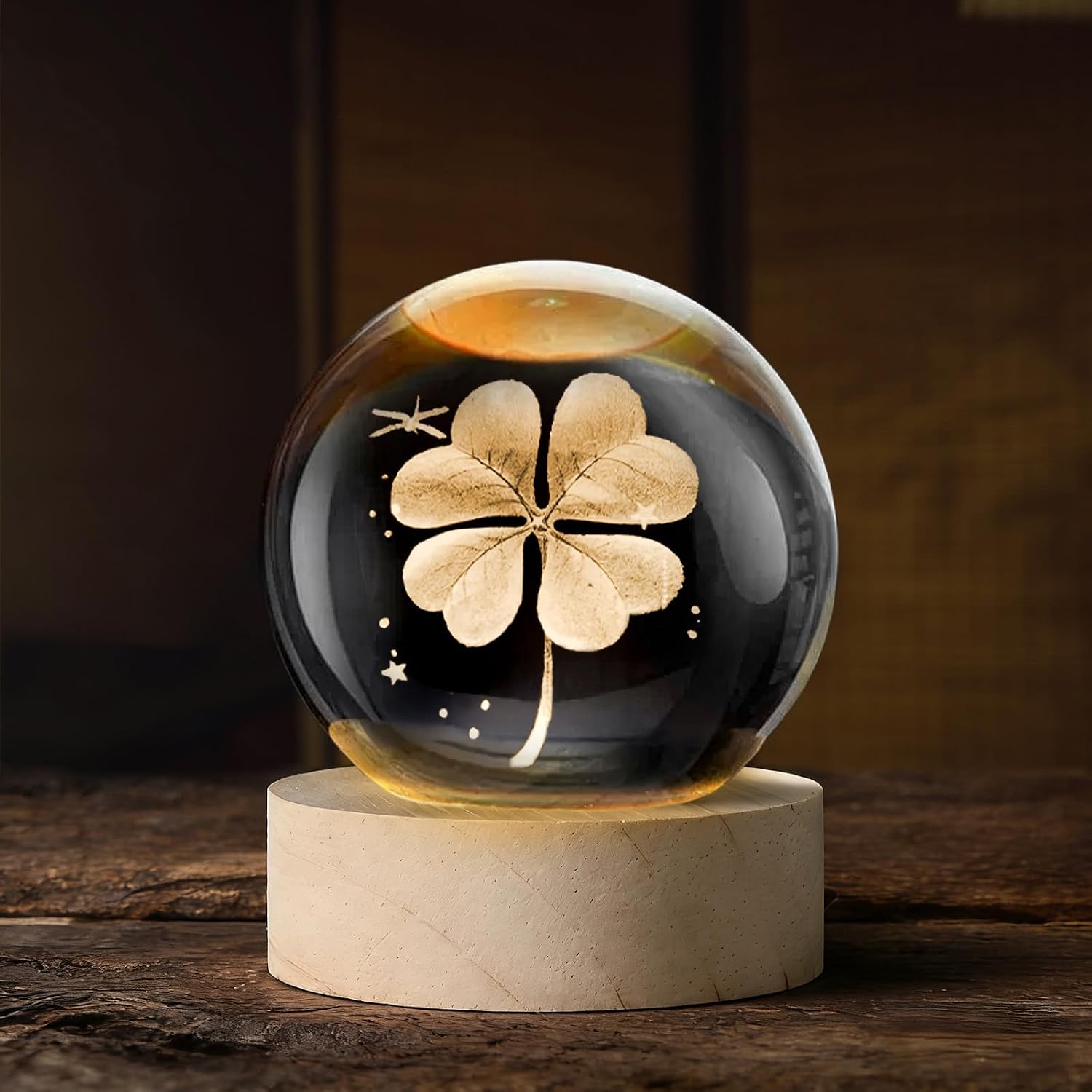 3D Four Leaf Clover Crystal Ball, Decorative Glass Sphere with Color-Changing LED Wood Base, Modern Desk Ornament, Unique Gift for Women, Birthday, Anniversary, Christmas