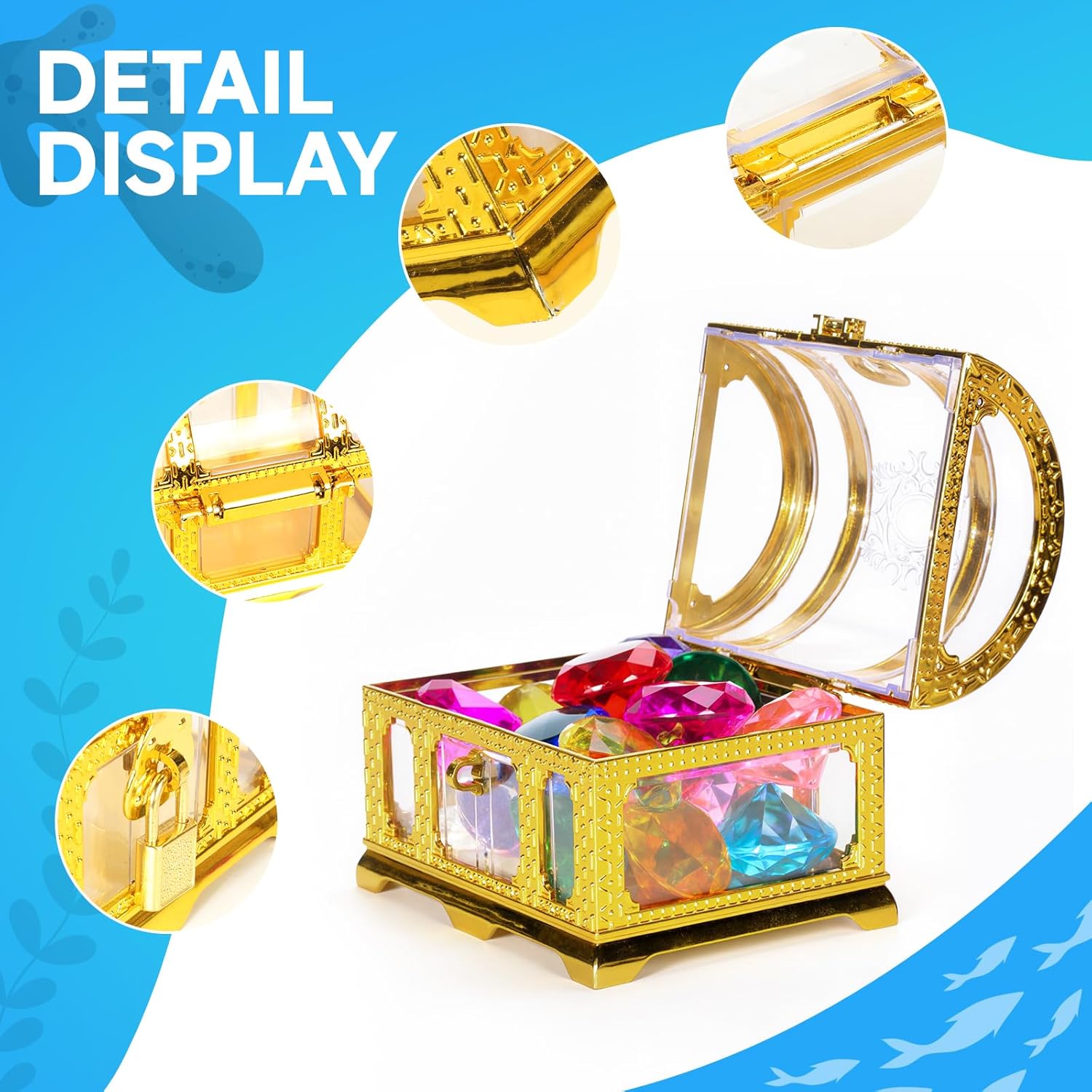 Diving gem Pool Toys Sand Toys,16 Big Colorful Diamond with Pirate Treasure Chest Summer Training Swimming Diving Underwater Toy Children's Game Gifts (Golden)