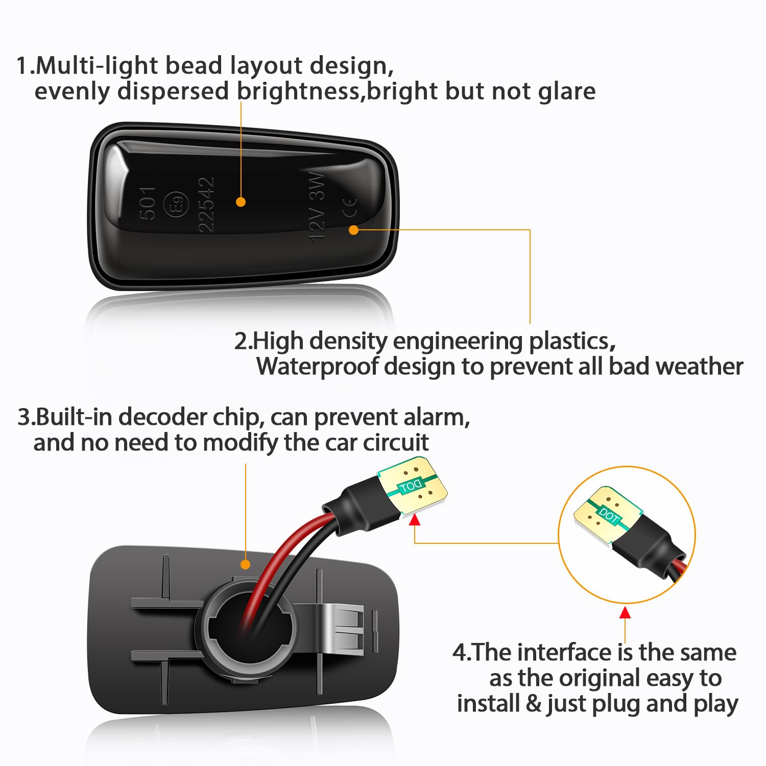 2 Indicatori Laterali A LED Dinamici Per Peugeot 106 II, Citroen Berlingo, Fiat Scudo – Fumé, Plug And Play