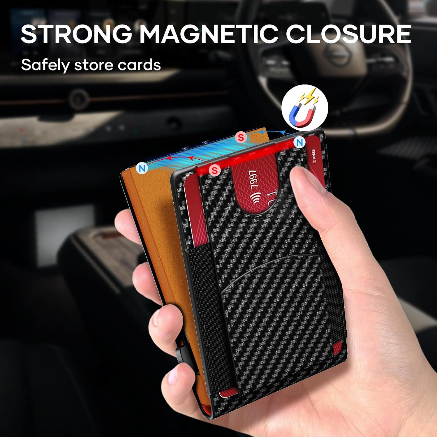 GIGIGO Wallet for Men, Mens Minimalist Wallet 9-12 Cards, Slim Compact Wallet with Money Clip & ID Window, RFID Blocking Smart Pop Up Card Wallet, Great Gifts（Black & Orange） image 4