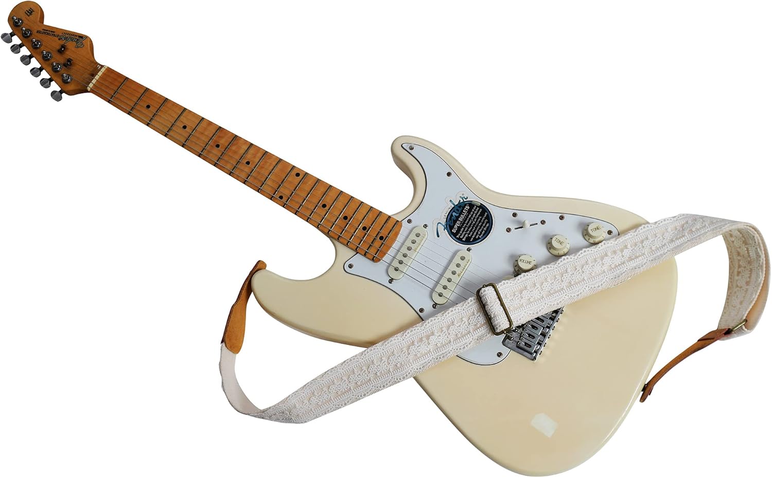MUSIC FIRST Original Design, 2 inch width (5cm), White Graceful & Vintage Lace Soft Lace & Genuine Leather Delux Guitar Strap, Electric Guitar Strap (White)
