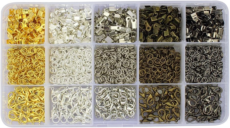 LolliBeads® 1900Pcs Kit with 5 Colors 150 Pcs Lobster Claw Clasps 12mm and 1250 Pcs Open Jump Rings 5mm and 500 Pcs Iron Fold Over Cord Ends for Leather 3mm for Jewelry Making Findings