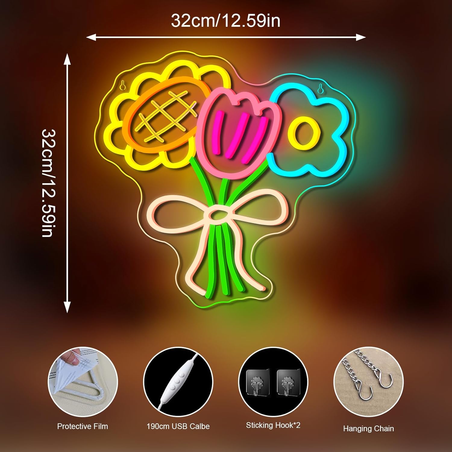 3 Flower Neon Sign Flower Neon LED Lights Cool Warm White Yellow Acrylic Wall Mount LED Boho Decorative Signage USB Powered Summer Retro Light up Sign for Wall Window Bedroom Home Wedding Birthday Party Decoration Girls
