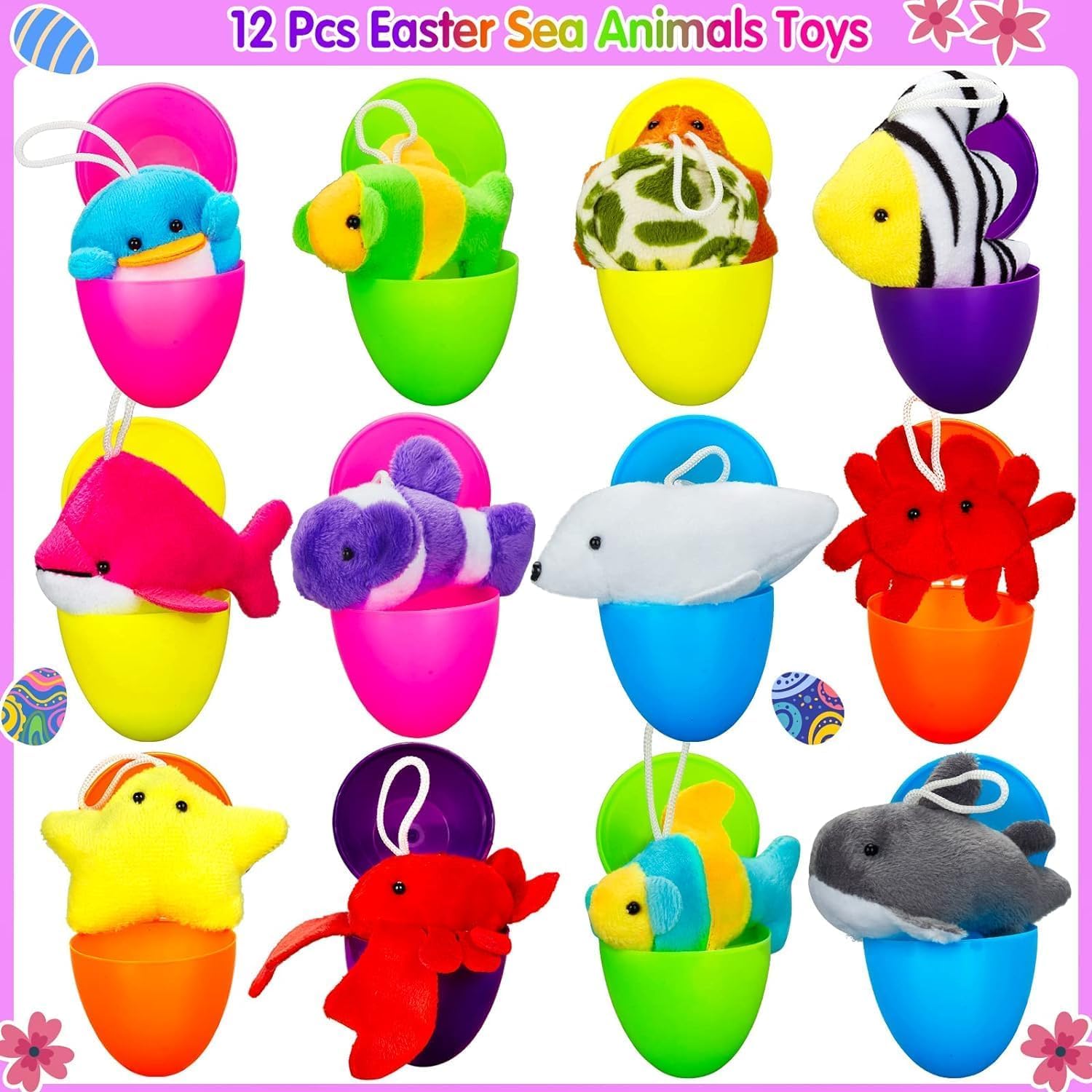 12 Pack Easter Eggs Filled with Mini Plush Animals Stuffed Toy, Prefilled with Stuffed Animals for Kids Easter Basket Stuffers, Easter Eggs Hunt, Easter Party Favors, Classroom Prize