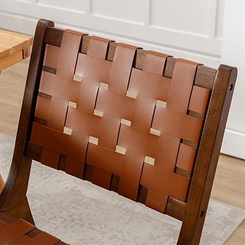 Miniatura 5 de Juego de 2 sillas de comedor estilo granja, de piel sintética, modernas, con tiras tejidas, cómodas, patas de madera, para comedor, sala de estar,