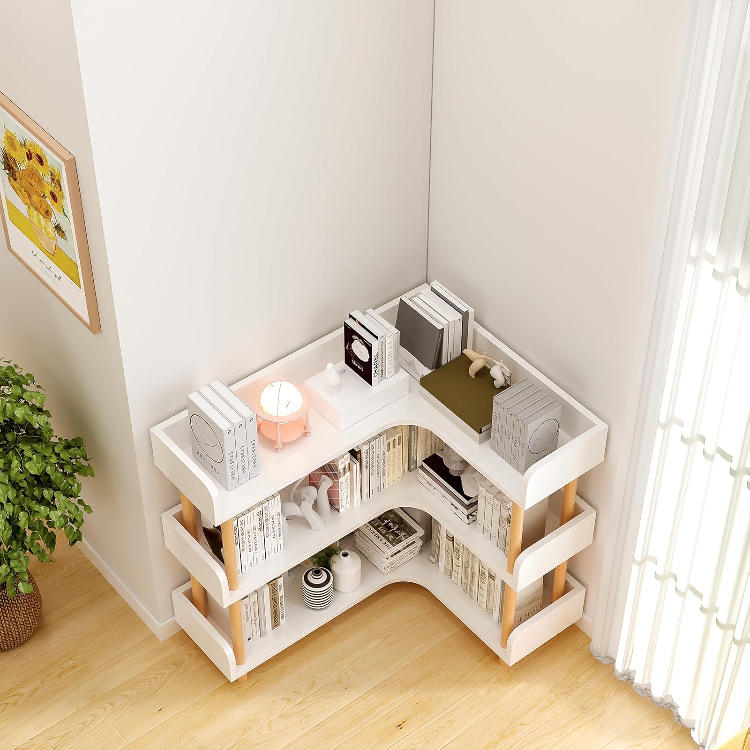 OSCHF Wooden Reversible Corner Bookshelf - Modern 3 Tiers L-Shaped Bookcase with Solid Wood Frame and Edge Protection for Home and Office, Open Storage Shelf, White