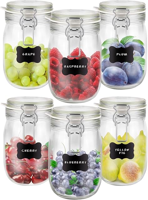 Creative Home 6 x 1L Glass Jars with Clip Lids Storage Set | 1000ml | Airtight Food Storage containers | Kitchen Container Preserving Jar Sweets Flour Pasta | 8 Reusable Stickers & 1 Anti-Dust Chalk