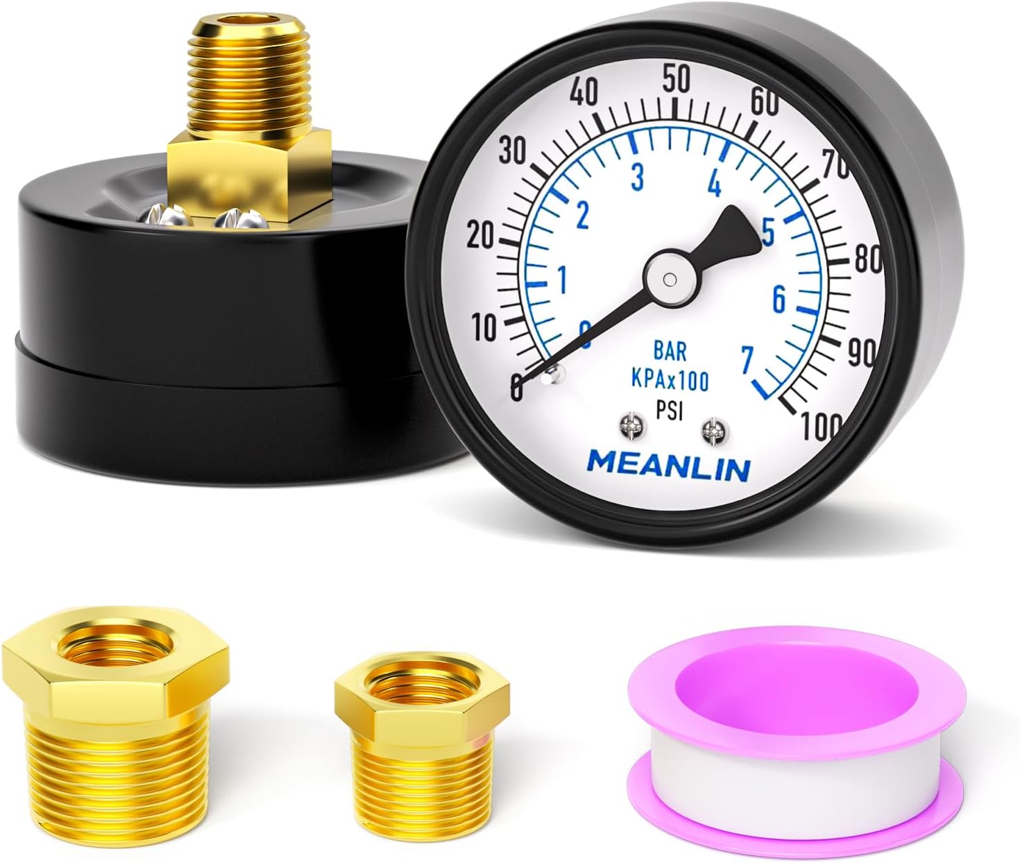 MEANLIN MEASURE 0-100Psi 2" DIAL FACE 1/4" NPT Well Pump Pressure Gauge, with 1/2" NPT and 3/8" NPT Hex Bushing, 3-2-3% Accuracy, Center Back Mount