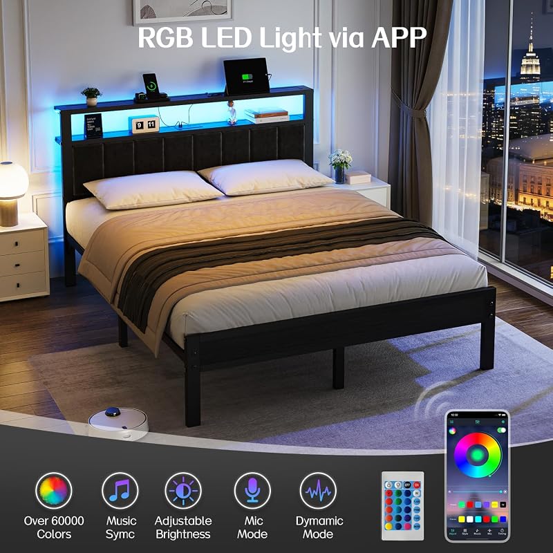 OLEVS Queen Size Bed Frame with LED Lights & Charging Station, Modern Platform Bed with 2-Tier Storage Headboard, No Box Spring Needed, Noise Free image 5