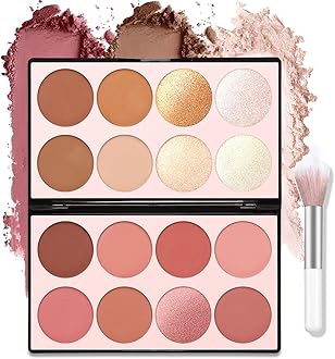 – 16 Colors Blush Contour Highlighter Makeup Palette With Brush, All-in-One Shimmer Silky Matte Mineral Powder, Face Sculpting Bronzer Blusher Illuminator for Natural Glowing