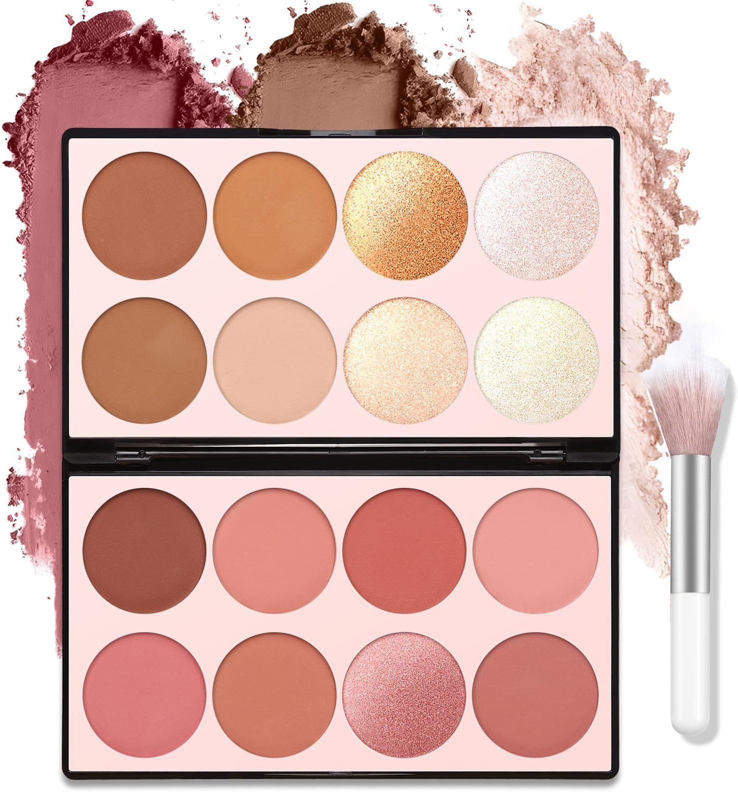 16 Colors Blush Contour Highlighter Makeup Palette With Brush, All-in-One Shimmer Silky Matte Mineral Powder, Face Sculpting Bronzer Blusher Illuminator for Natural Glowing