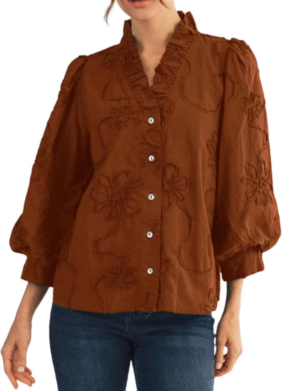 Mannjin Womens 3D Floral Button Down Ruffled Blouse V Neck 3/4 Puff Sleeve Embroidered Shirt Tops