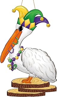 Wooden Mardi Gras Wreath for Front Door Sign Pelican Carnival Welcome Door Decoration, New Orleans Sign Hanging Crafts for Wall Home Farmhouse Outdoor Indoor Holiday Party Decor Masquerade Hanger