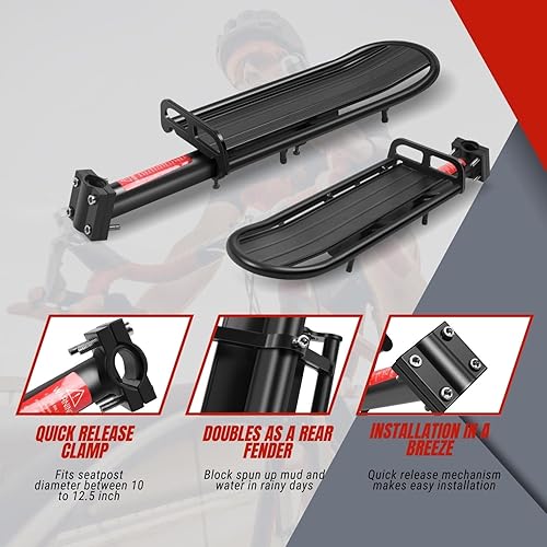 Miniatura 4 de Flexzion Portabicicletas ajustable, capacidad de 20 libras, color negro, soporte de carga trasero para bicicleta, soporte universal de aluminio