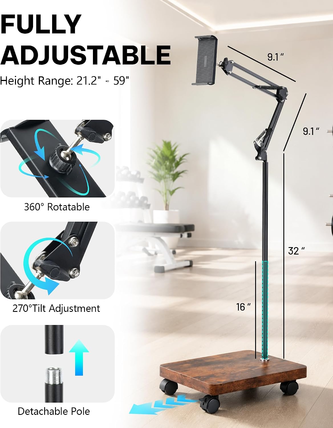 Tablet Stand Compatible with iPad, Rolling Floor Stand with 5lb Wood Base image 4