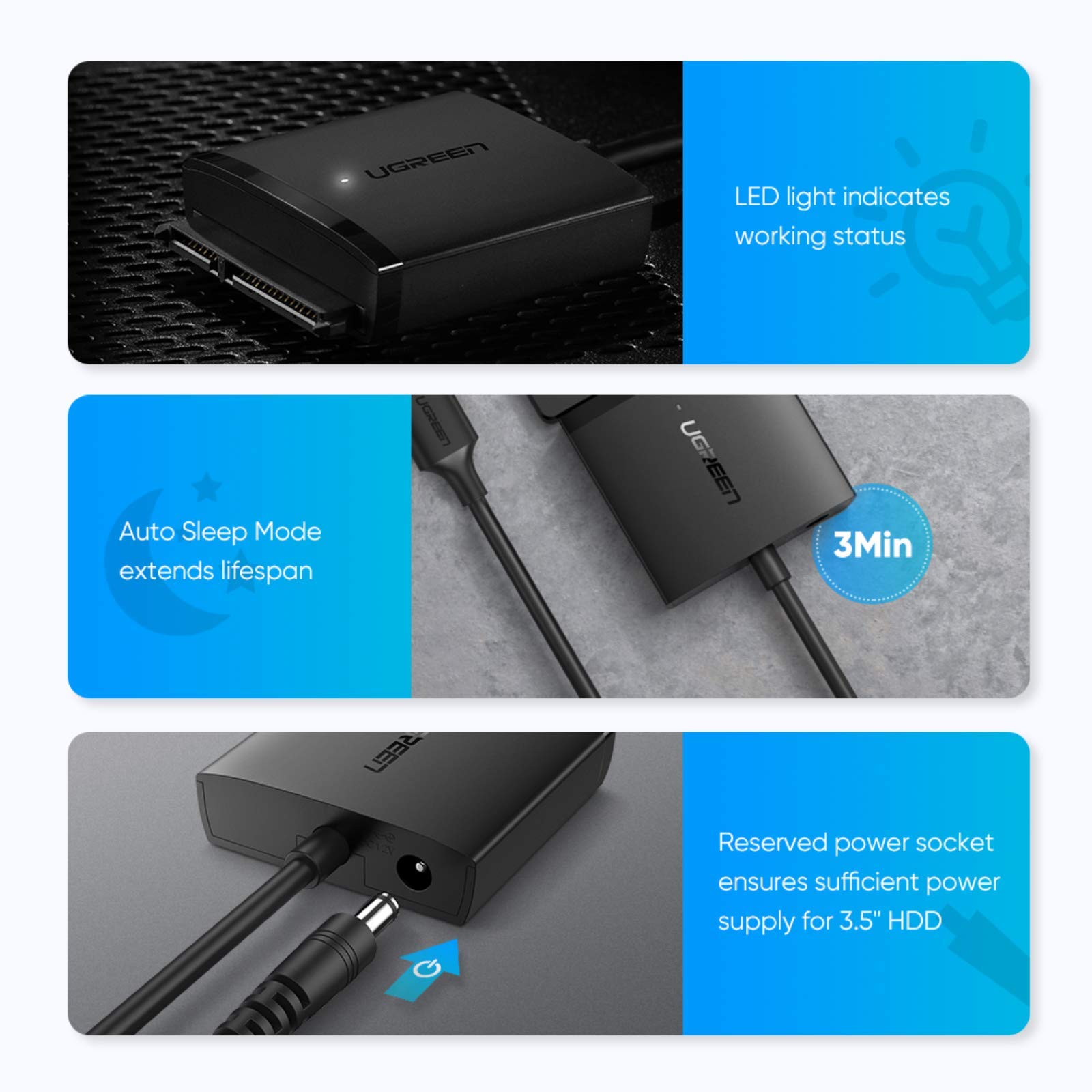 Ugreen USB 3.0 SATA SSD HDD Dönüştürücü Adaptör, Siyah