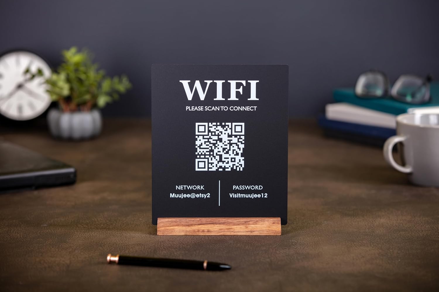 Rectangular QR Code Table Sign (WiFi) - Personalized Acrylic Scannable Internet Wifi Password Sign with Wood Stand, Home Office AirBnB Rental Properties Small Business Guest Waiting Room Guestroom
