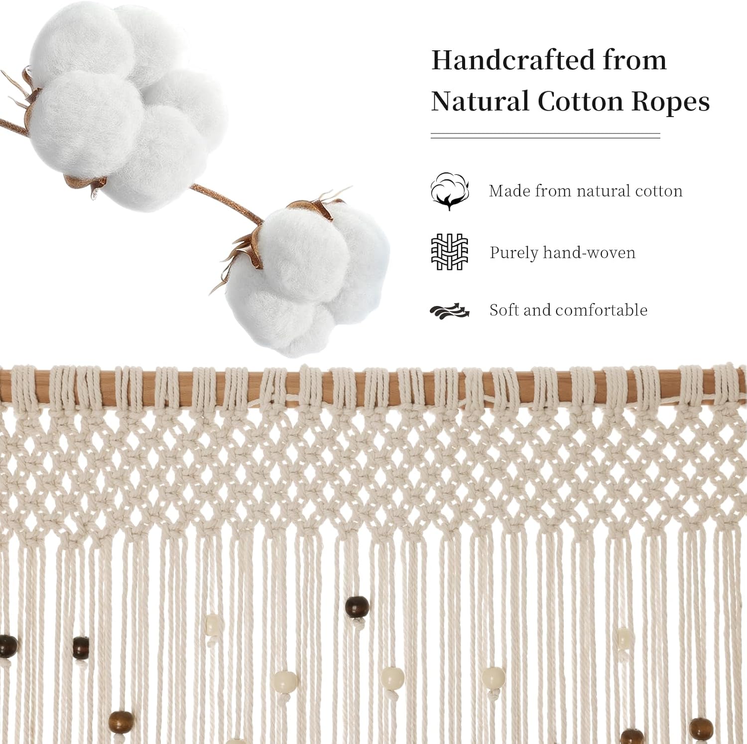 BECHAEO Macrame Beaded Curtain Boho Handmade Cotton Door String Curtain for Doorway Window Wooden Beads Hanging Hippie Room Divider Closet Bedroom Privacy Decor, Brown - 2 Panels 79" x 35"